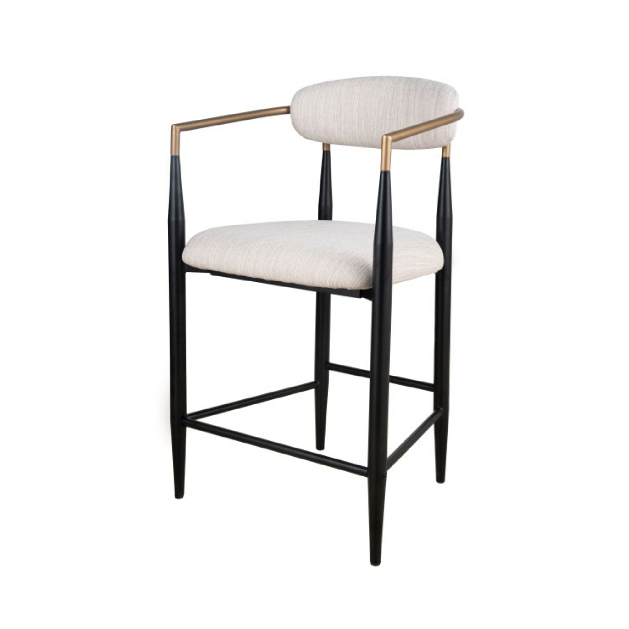 Set of two white Brassex Mykos arm counter bar stools with modern design and metal legs.