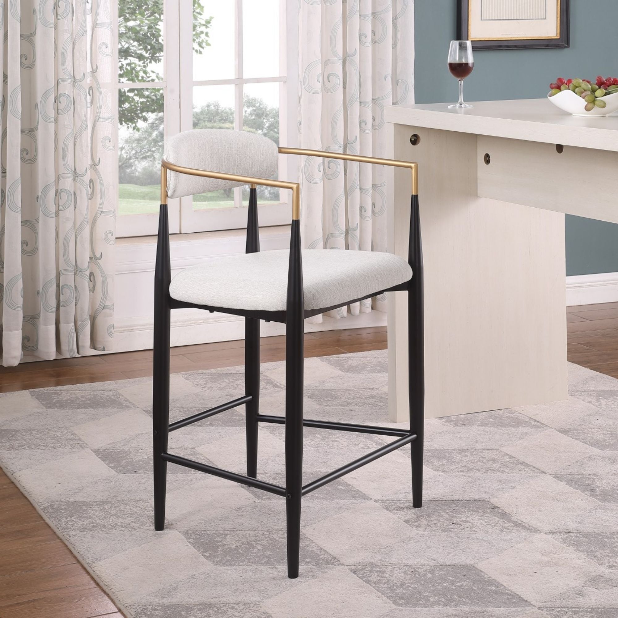 Set of two white Brassex Mykos arm counter bar stools with sleek modern design and padded seats.