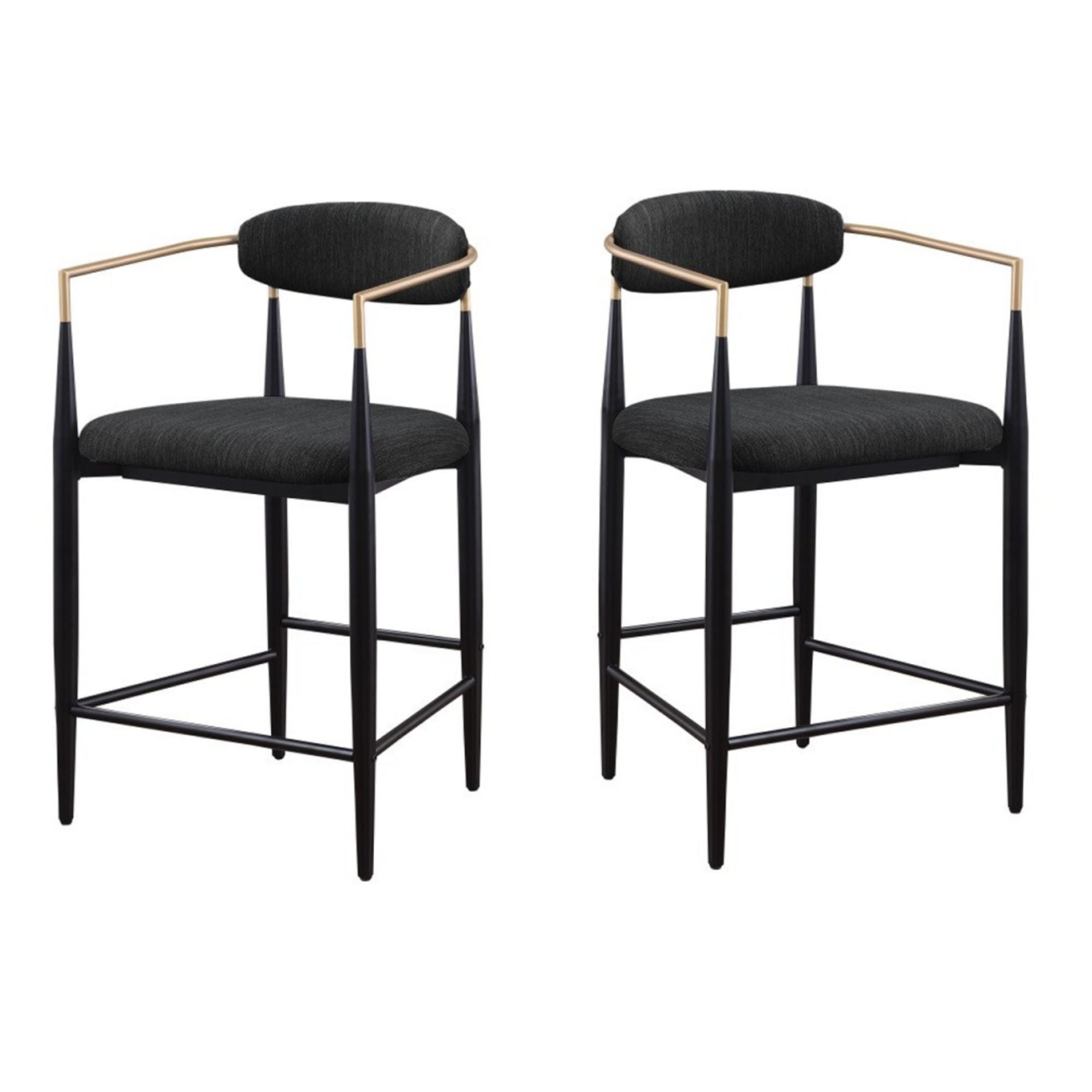 Set of two Brassex Mykos black counter bar stools with sleek design and sturdy metal legs, ideal for kitchen or bar area.