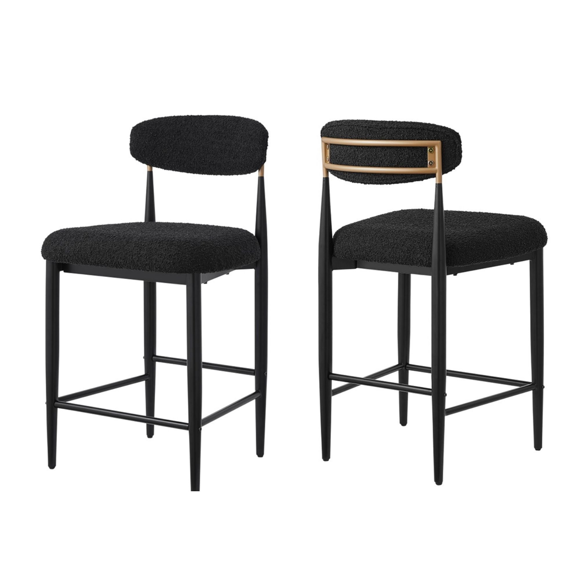 Pair of Brassex Kodi black counter bar stools with sleek design and sturdy metal legs, set of 2 for kitchen or bar area.