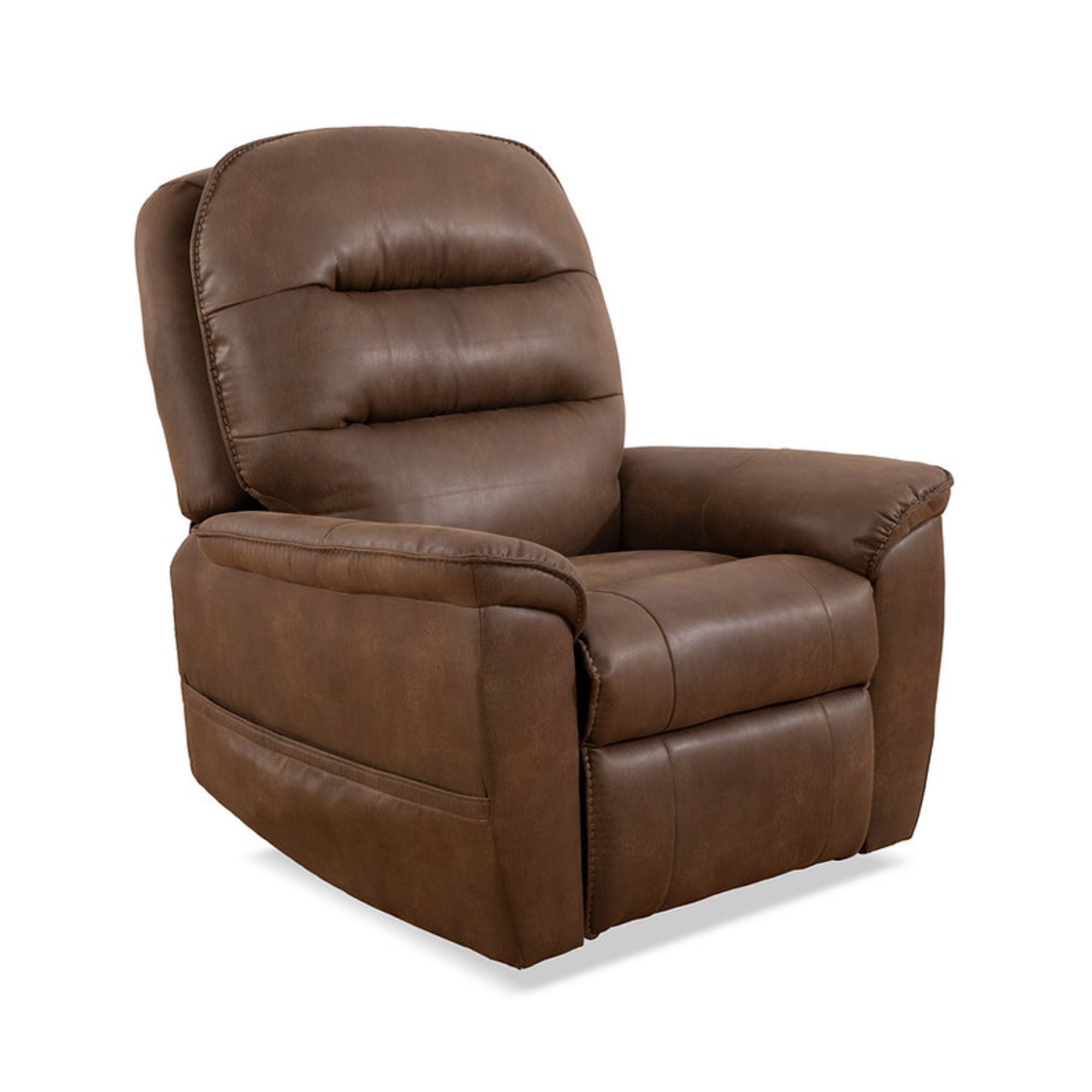 Brown Camden lift chair by IFF with plush upholstery and ergonomic design, showing a comfortable, adjustable recliner in a living room setting.