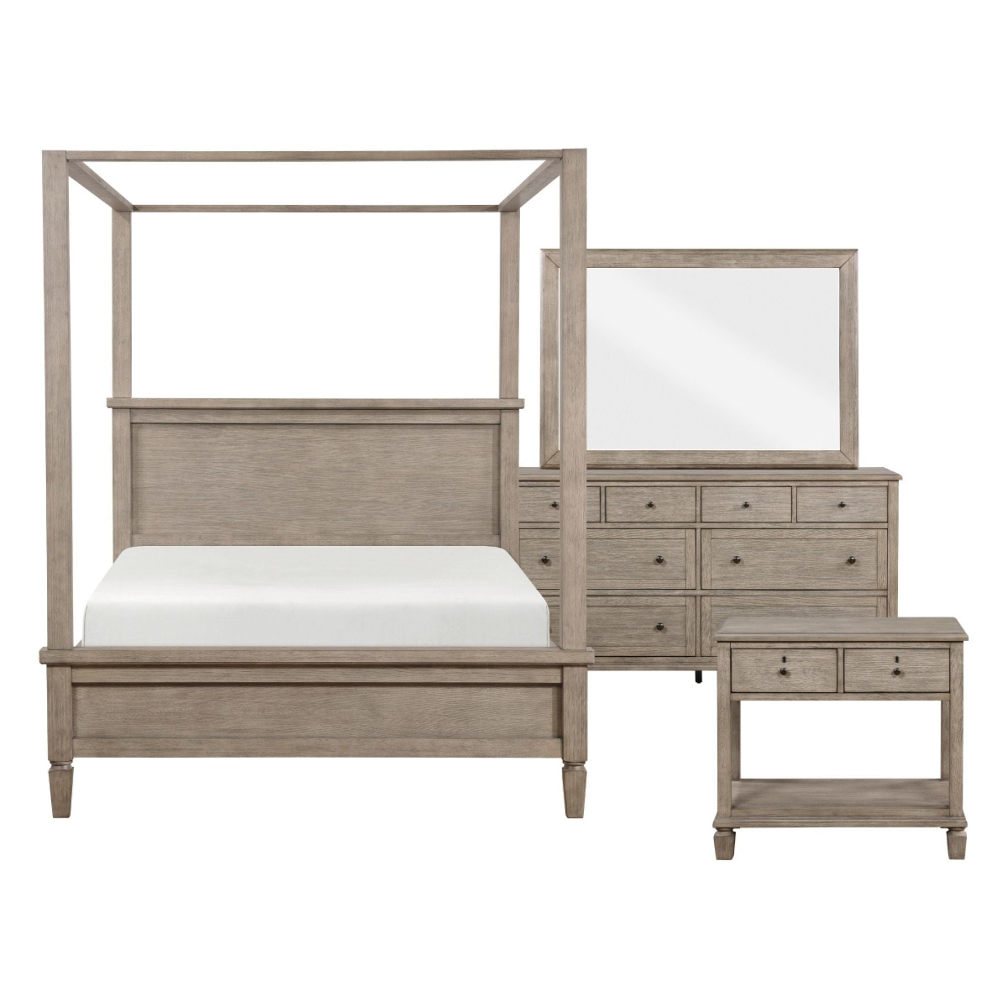 M.A.F Marceline Collection 6-piece canopy bedroom set featuring elegant design and soft fabrics in a cozy bedroom setting.