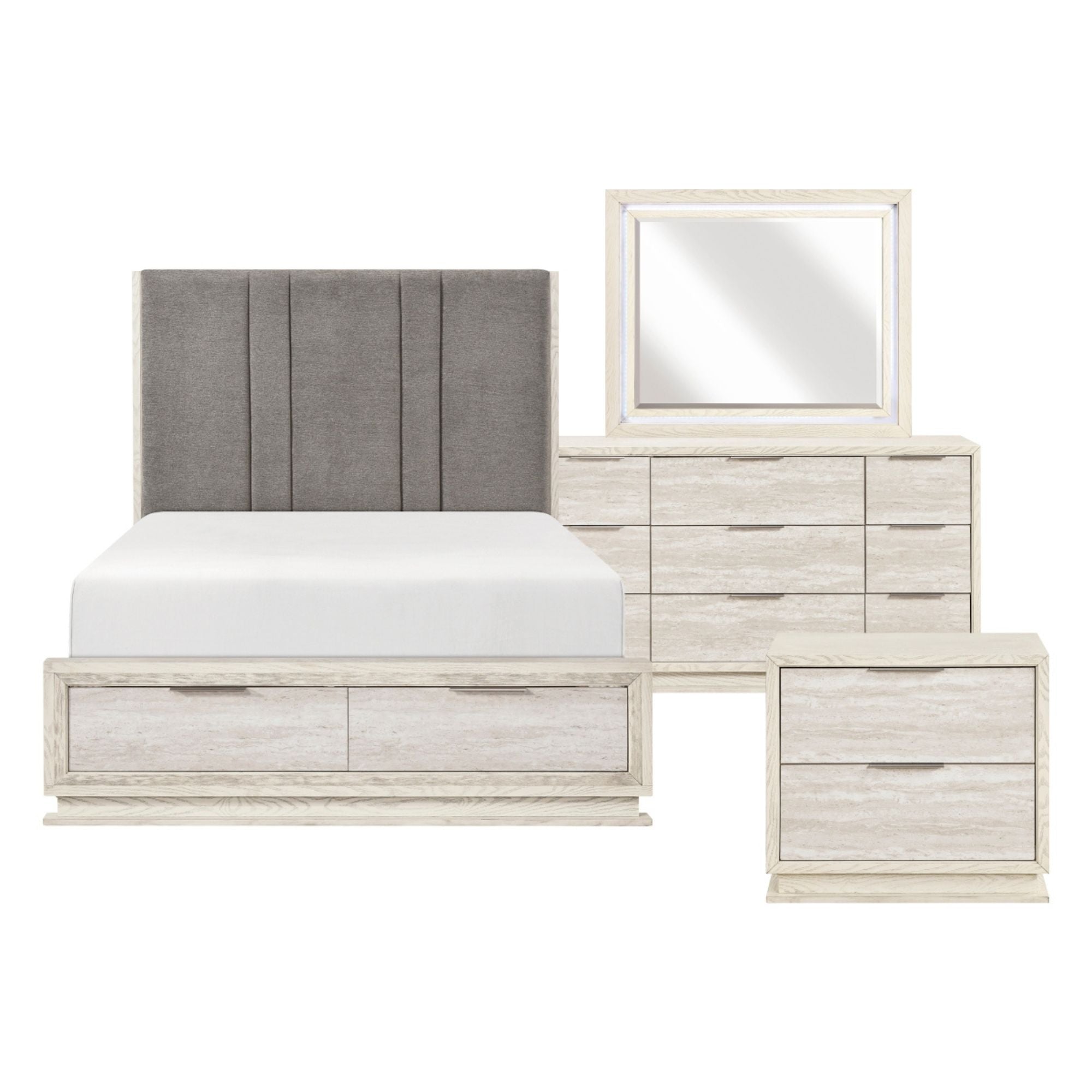 Six-piece Noctis bedroom set by MAZ includes a bed, nightstands, and dresser, shown in a modern bedroom setting.