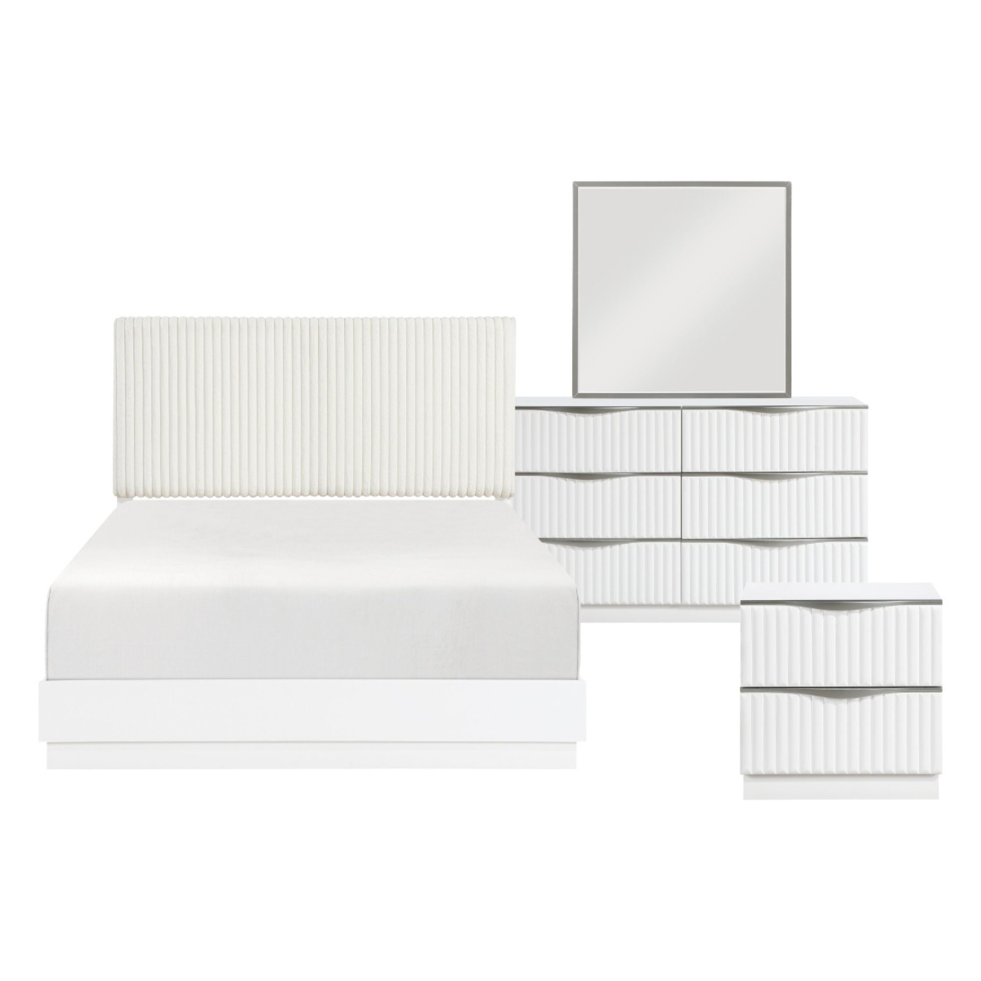 M.A.F Linea Collection 6-piece bedroom set with bed frame, nightstands, dresser, and mirror in a modern bedroom design.