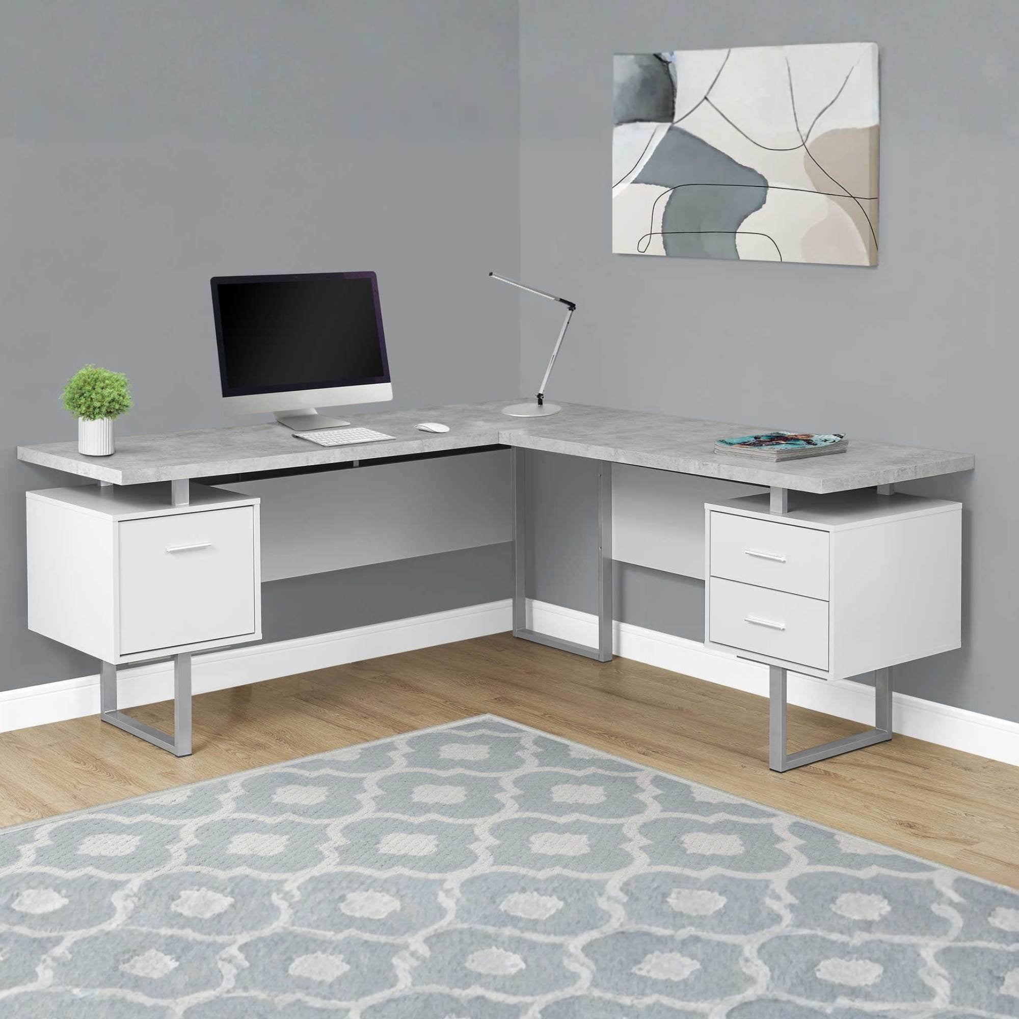 Primeva 70-inch white cement L-shaped office desk by Monarch Specialties, featuring a spacious workspace and modern design.