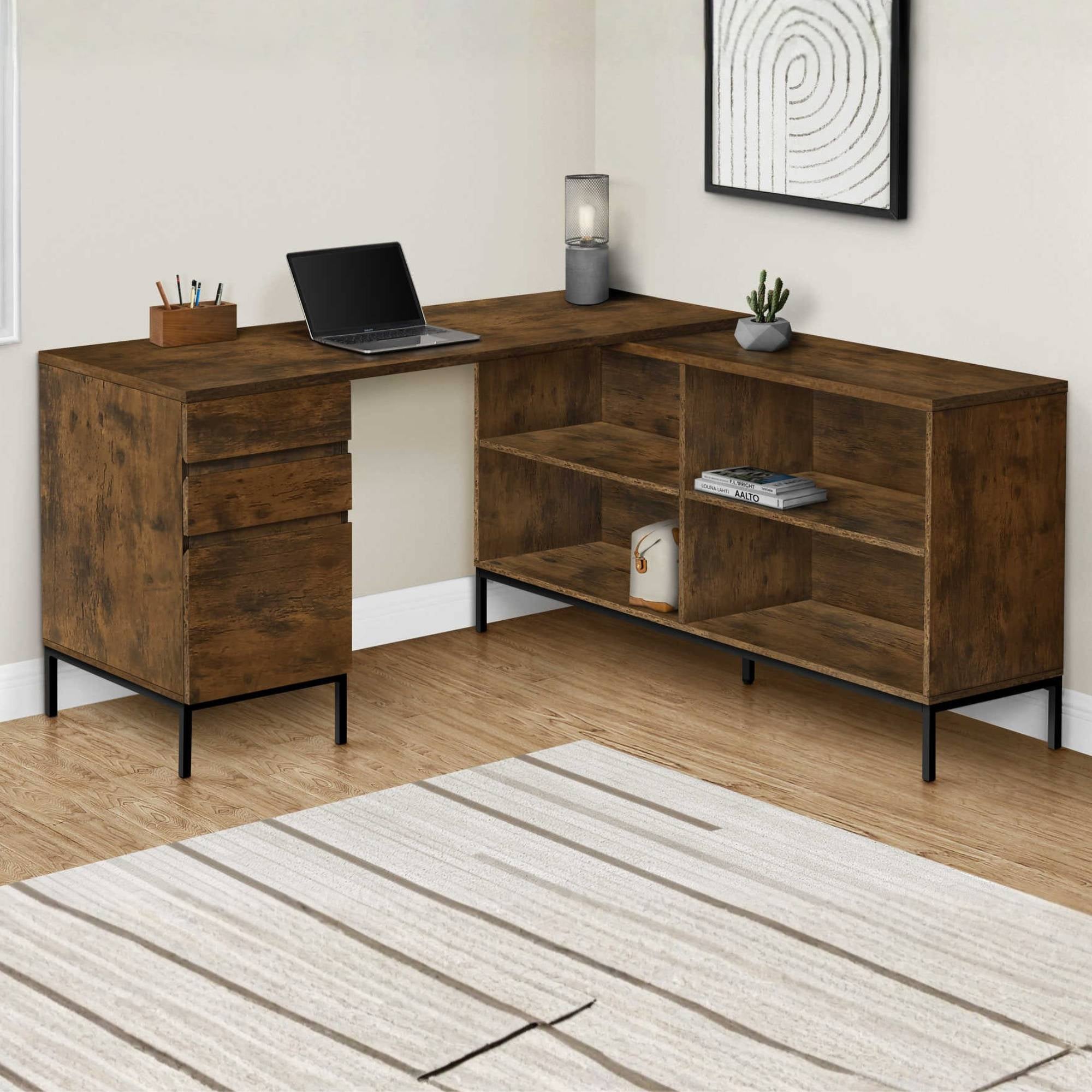 Rustic brown Optera L-shaped office computer desk by Monarch Specialties with spacious work surface and modern design.