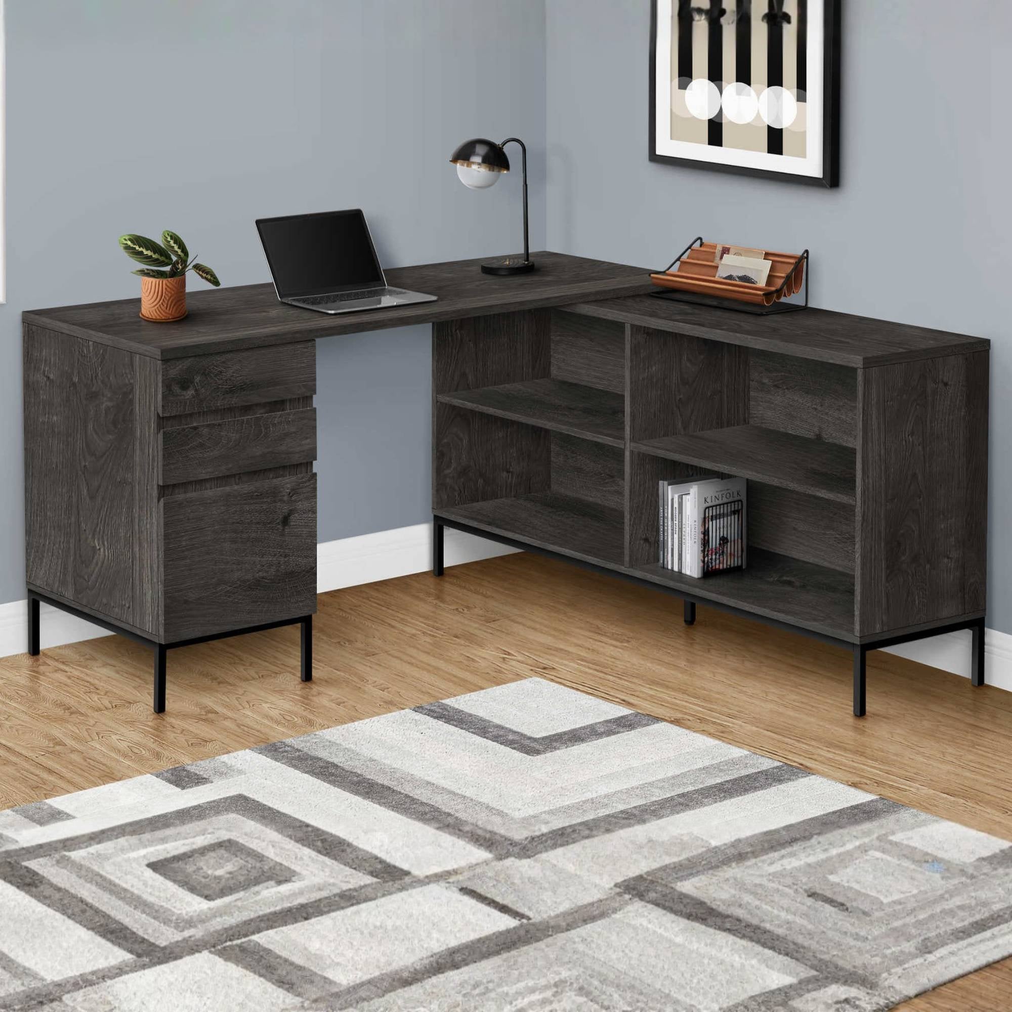 Dark grey Optera L-shaped computer office desk by Monarch Specialties with spacious work surface and modern design.