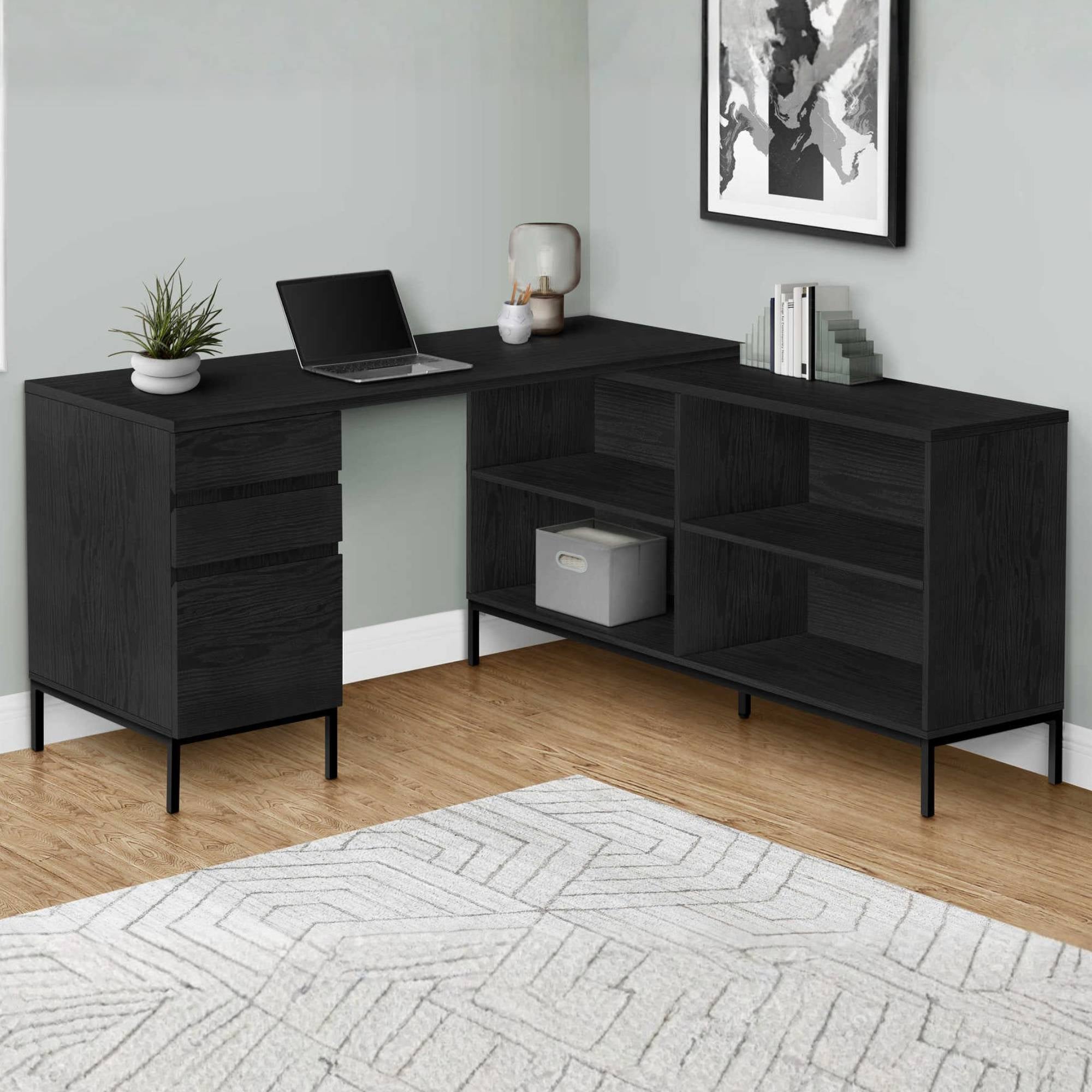 Black Optera L-shaped computer office desk by Monarch Specialties with spacious work surface and modern design.