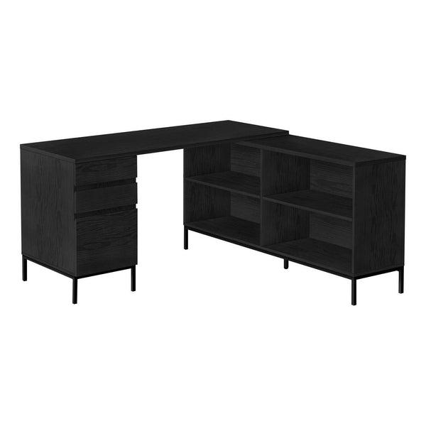 Black Optera L-shaped computer desk by Monarch Specialties, featuring a sleek office desk design with ample workspace.