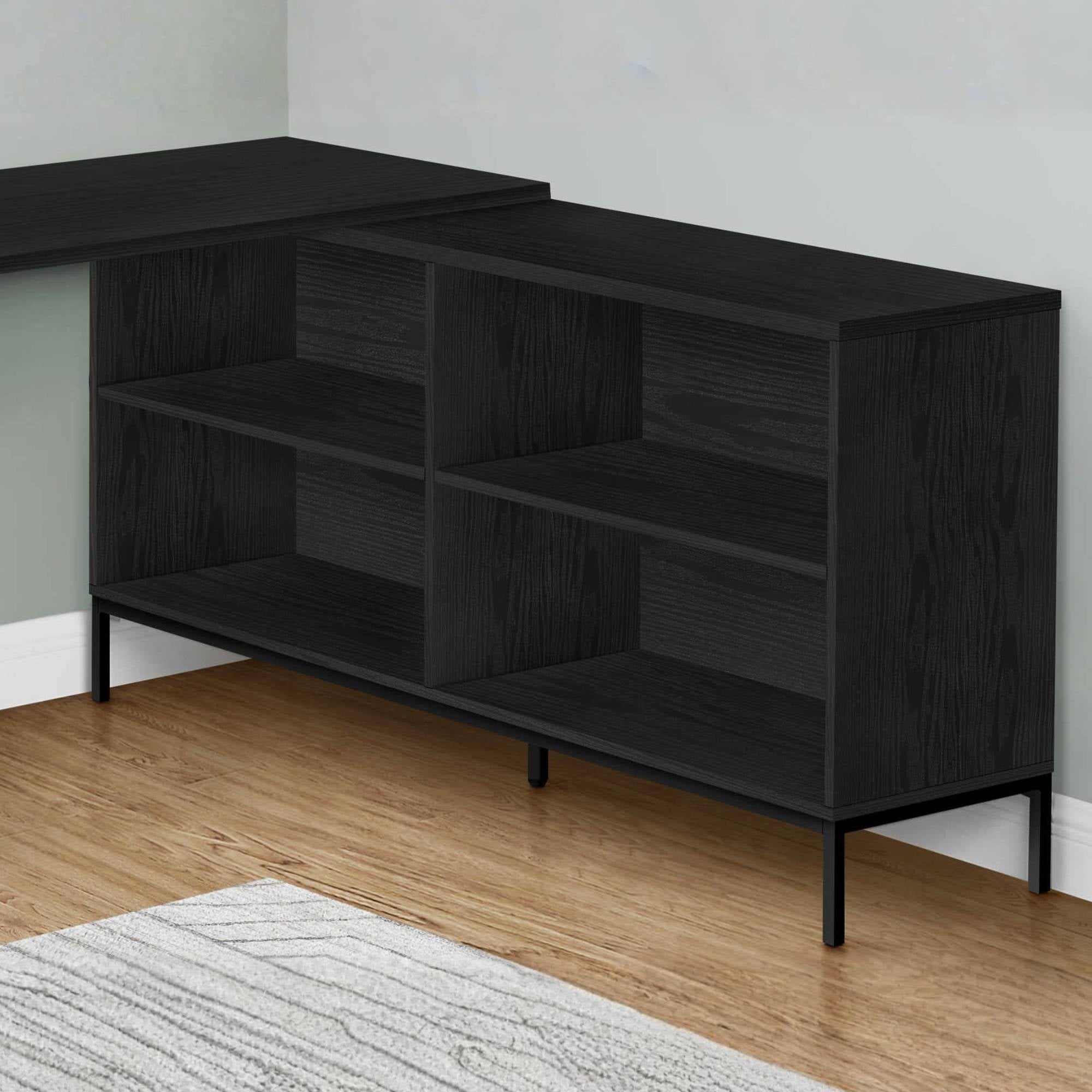 Black Optera L-shaped office desk by Monarch Specialties, showing the spacious workspace and modern design.
