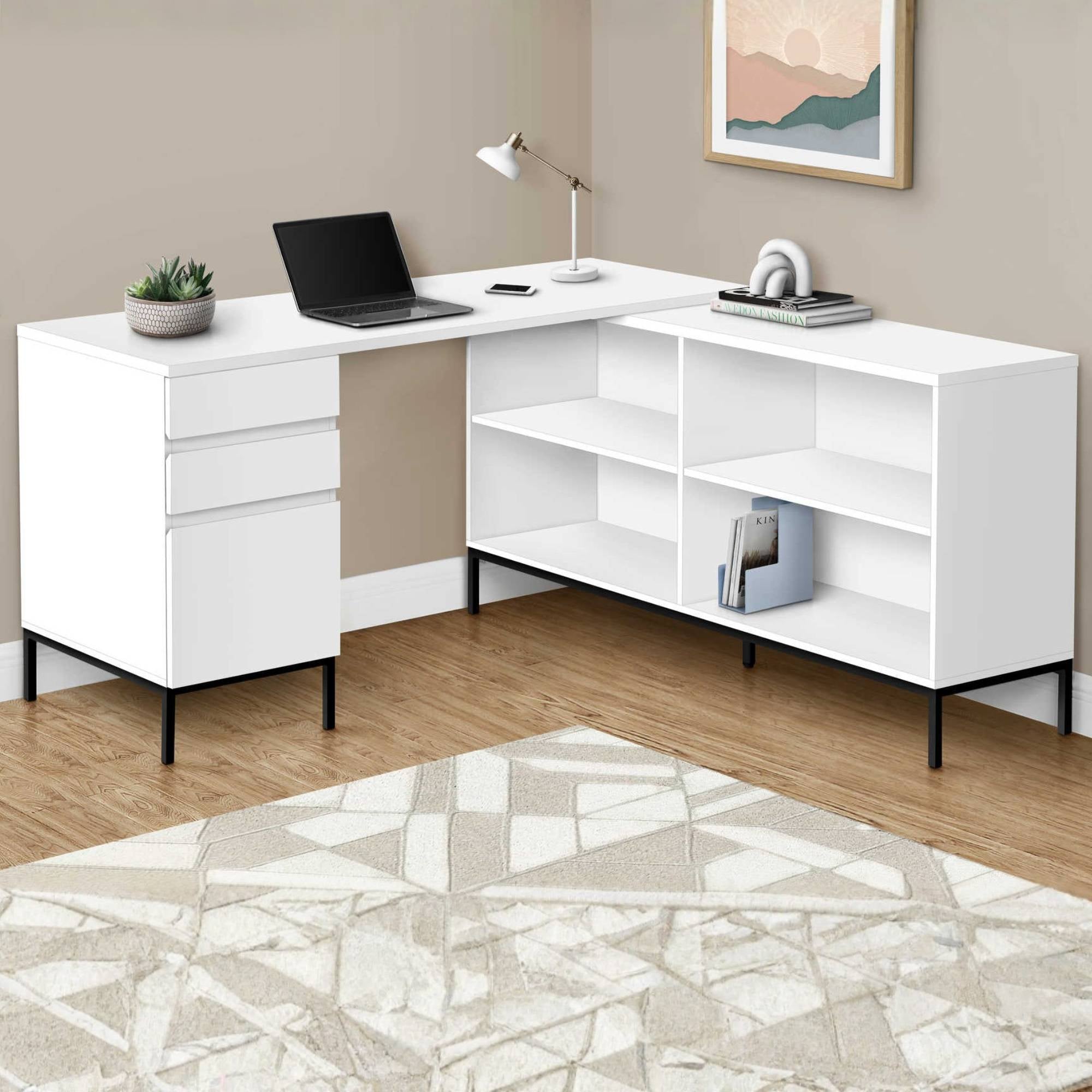 White Optera L-shaped office desk by Monarch Specialties with sleek design and ample workspace, ideal for home or office use.