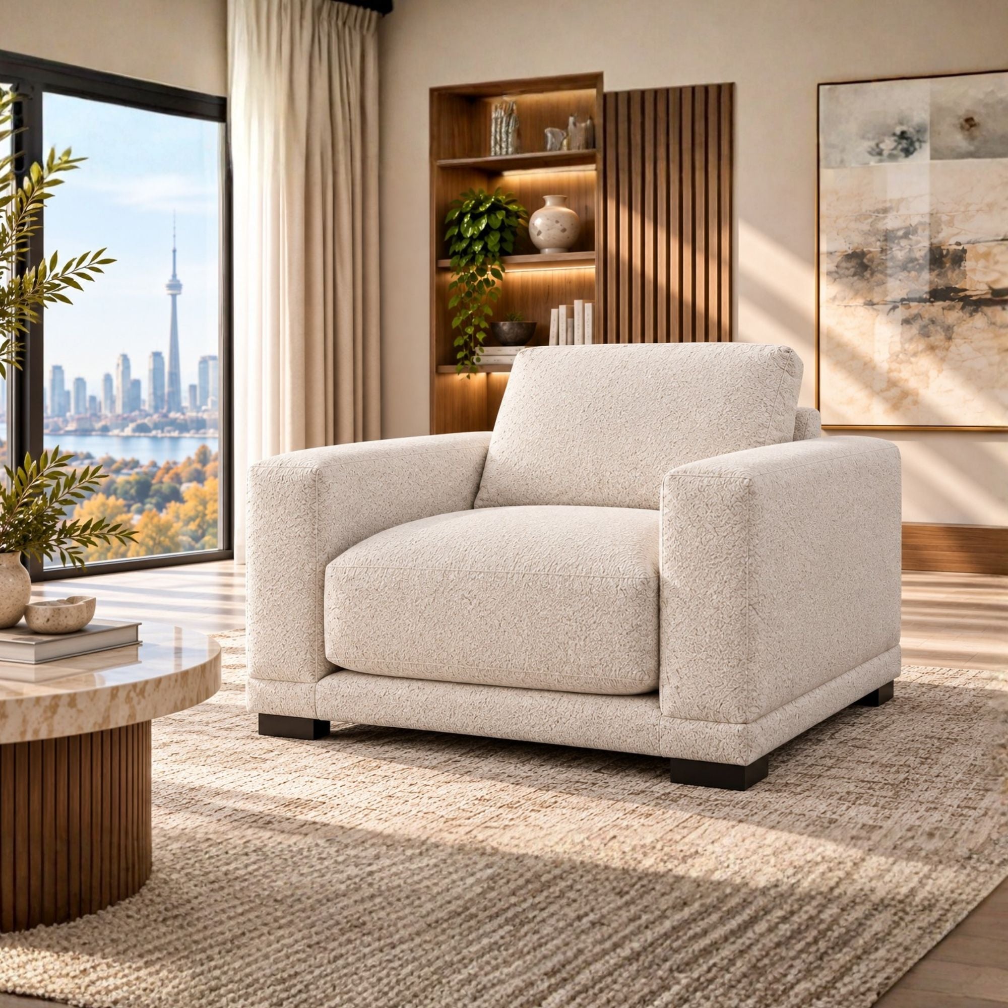 Canadian-made Talia sofa chair by Fancy, light brown accent chair with plush fabric and modern design.