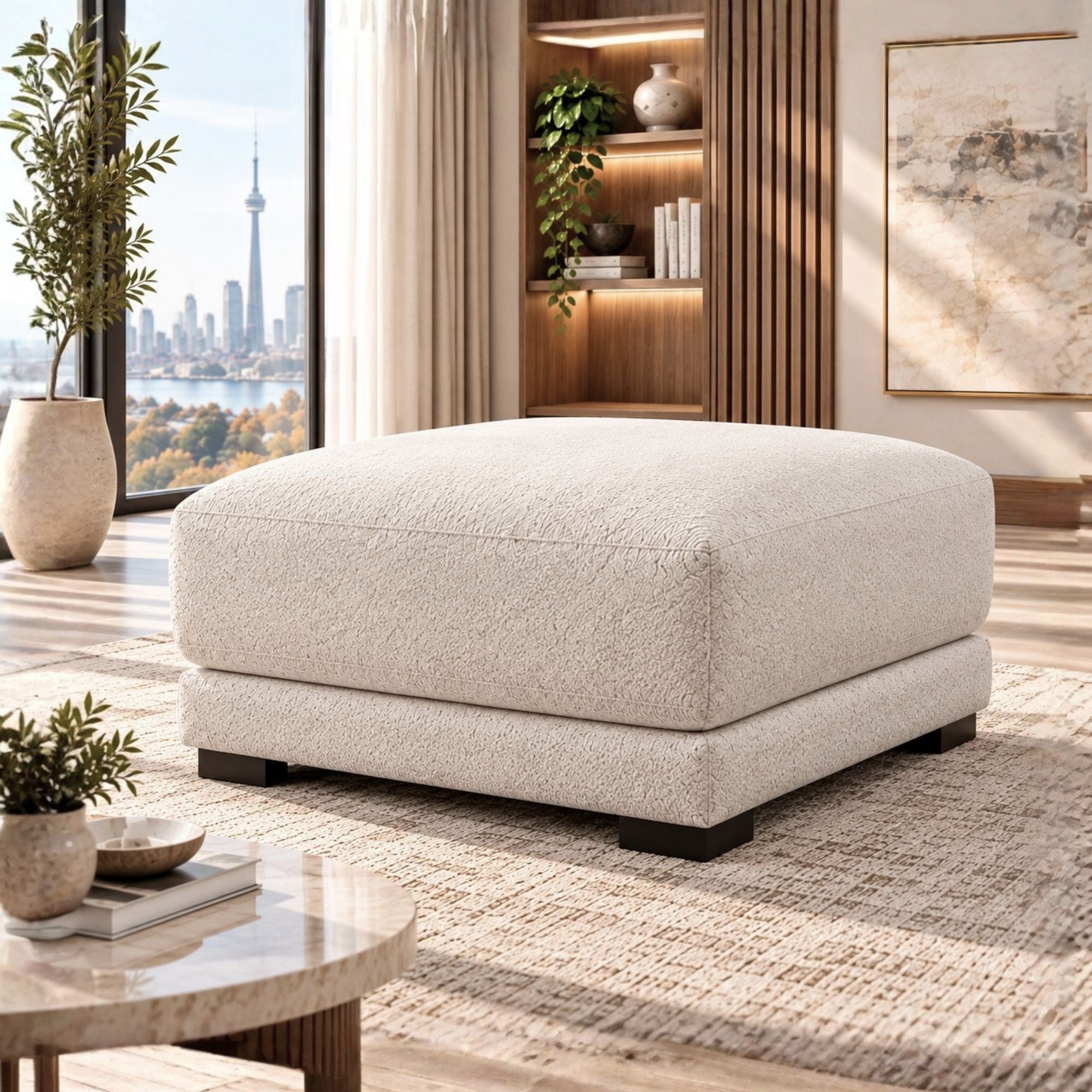 Canadian-made Talia Ottoman in light brown, modern accent chair with plush upholstery and wooden legs.