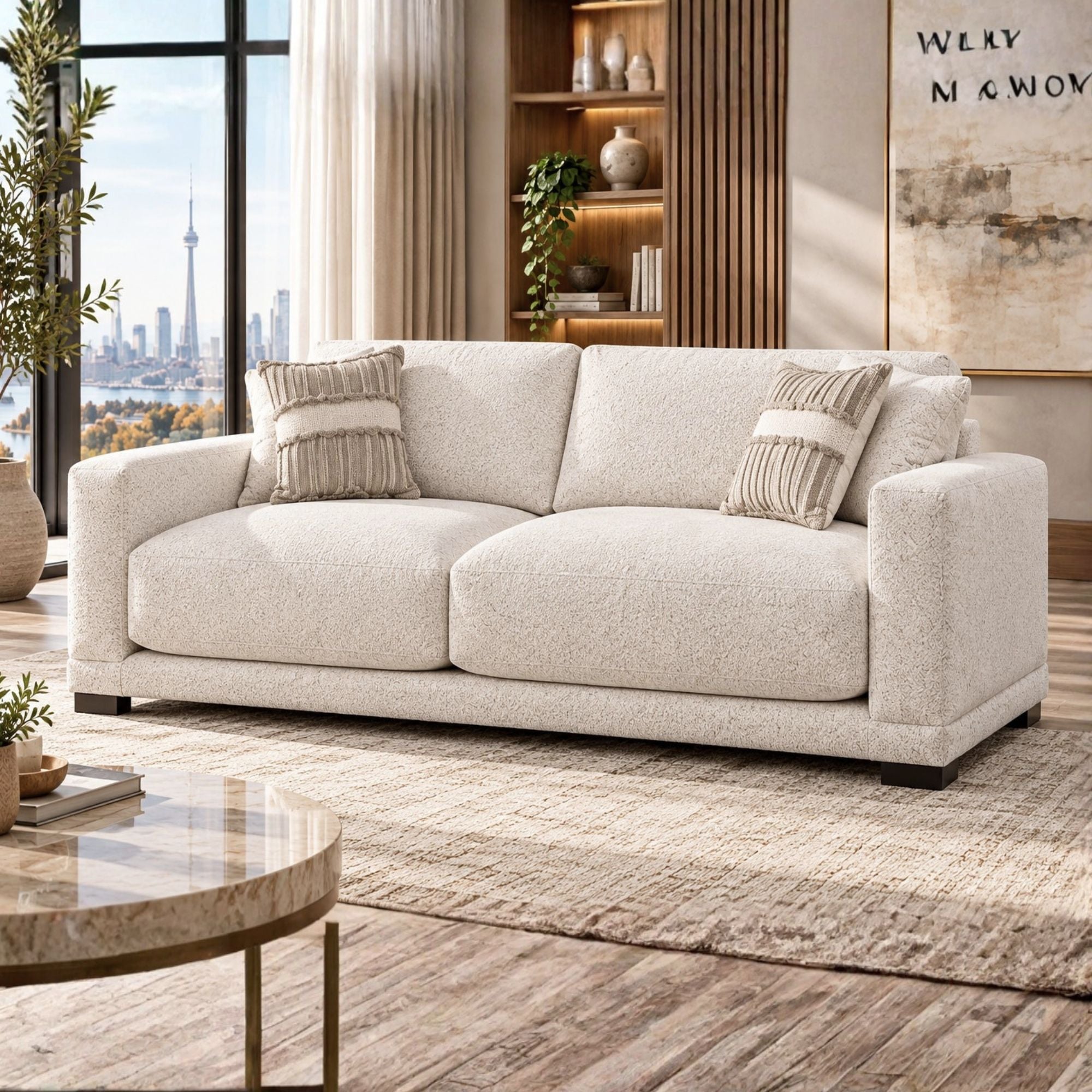 Canadian-made Talia loveseat by Sofa by Fancy in light brown fabric, showing plush cushions and sleek armrests.