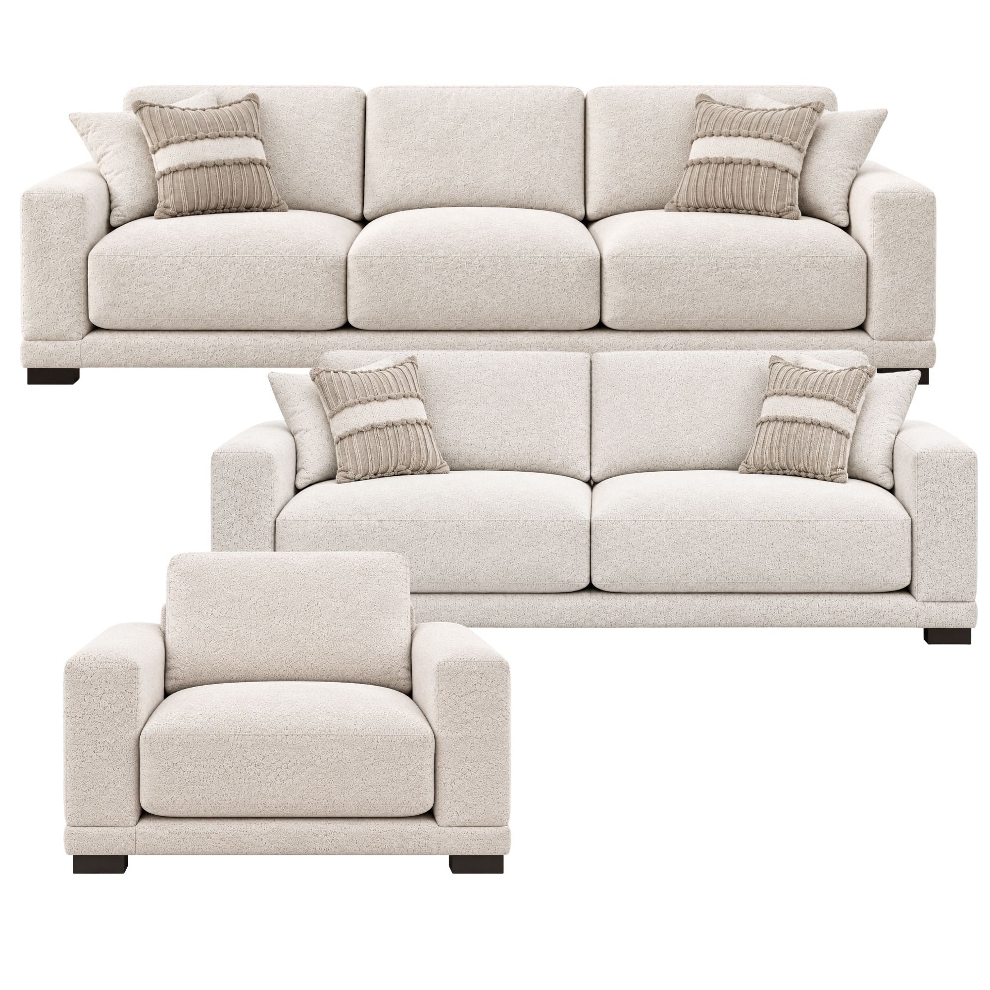 Canadian-made Talia sofa set in light brown, featuring plush cushions and contemporary design from Sofa by Fancy.