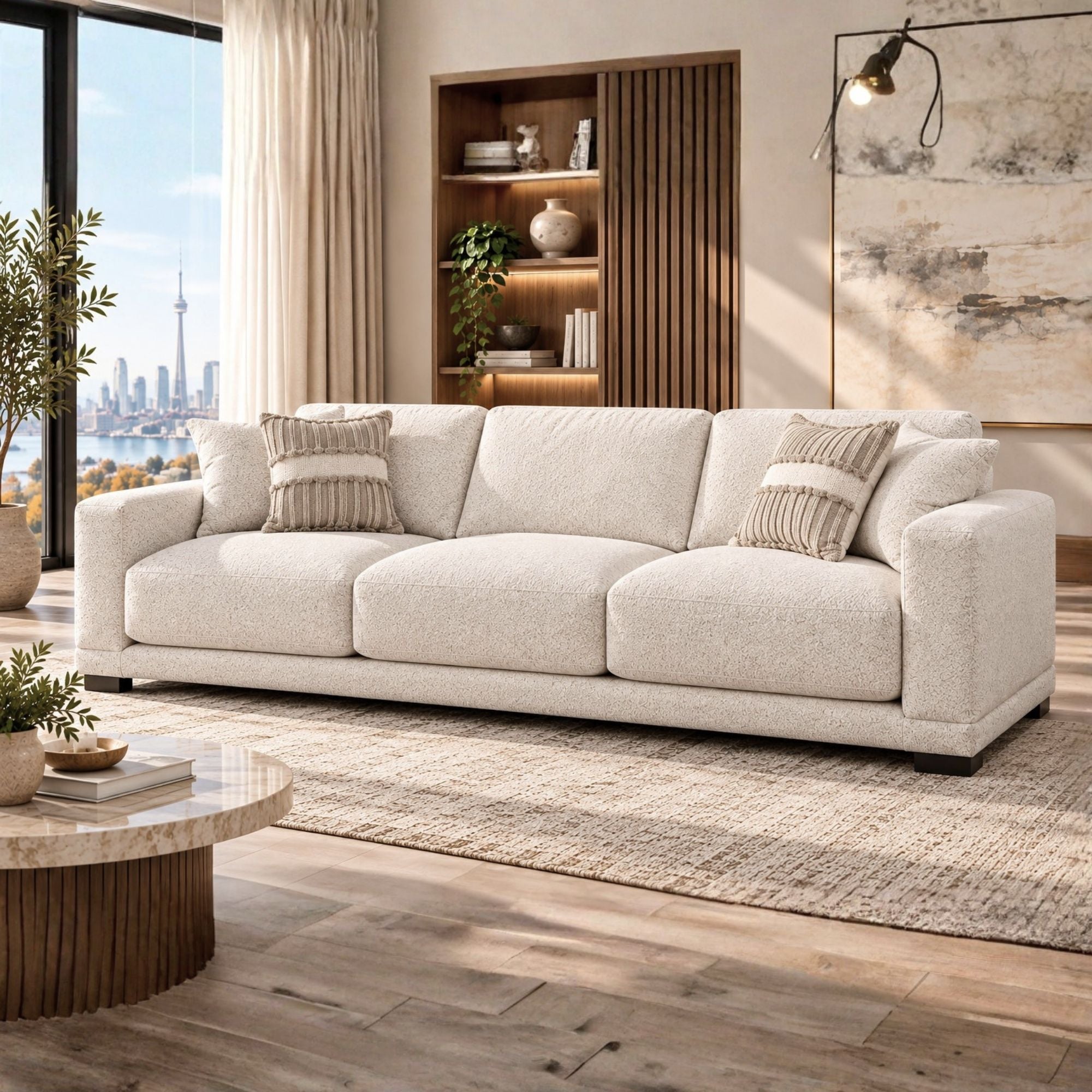 Canadian-made Talia sofa in light brown, stylish modern sofa by Fancy, with plush cushions and contemporary design.