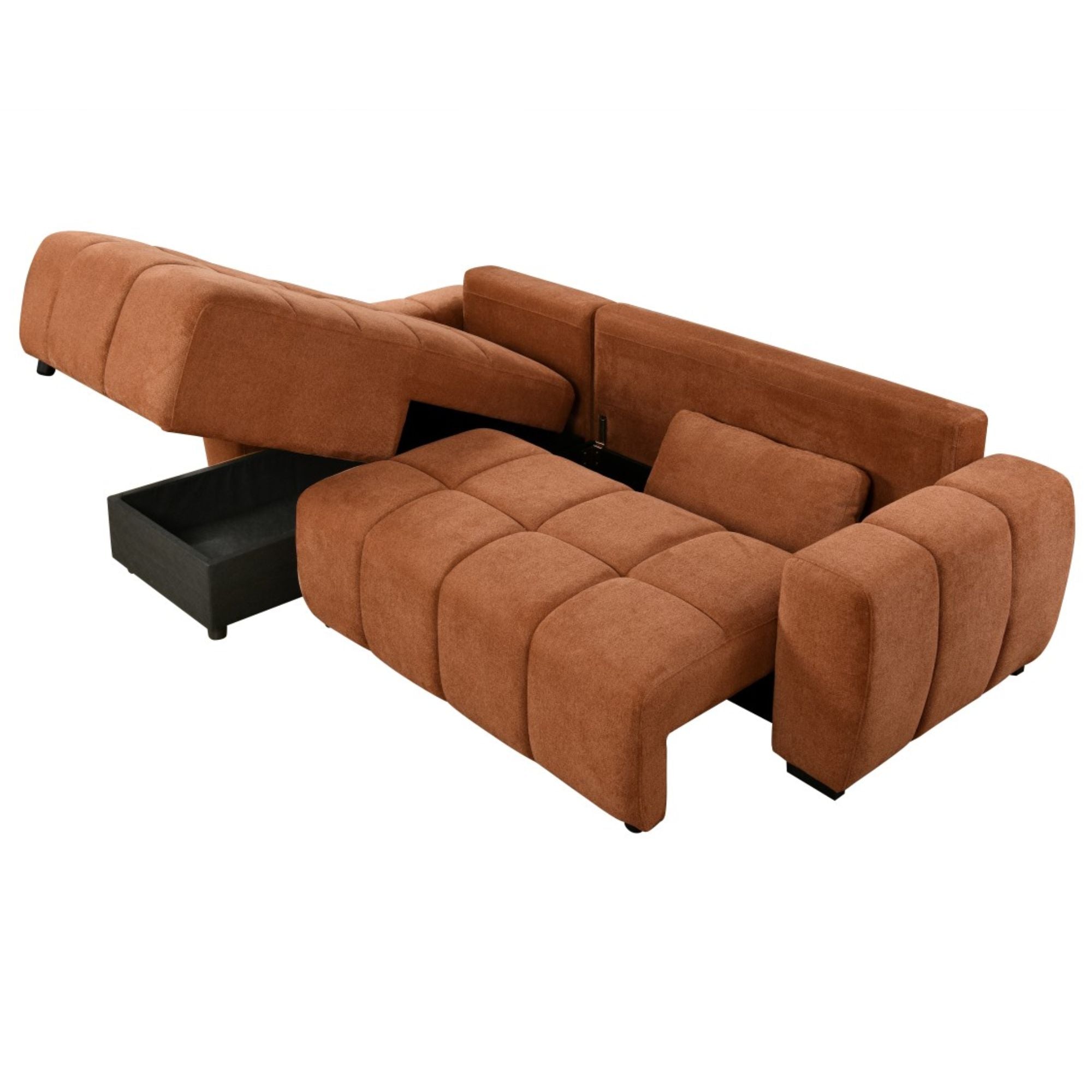 Burnt orange CloudNine LHF sectional sleeper sofa by Brassex, showing plush cushions and modern design in a living room setting.