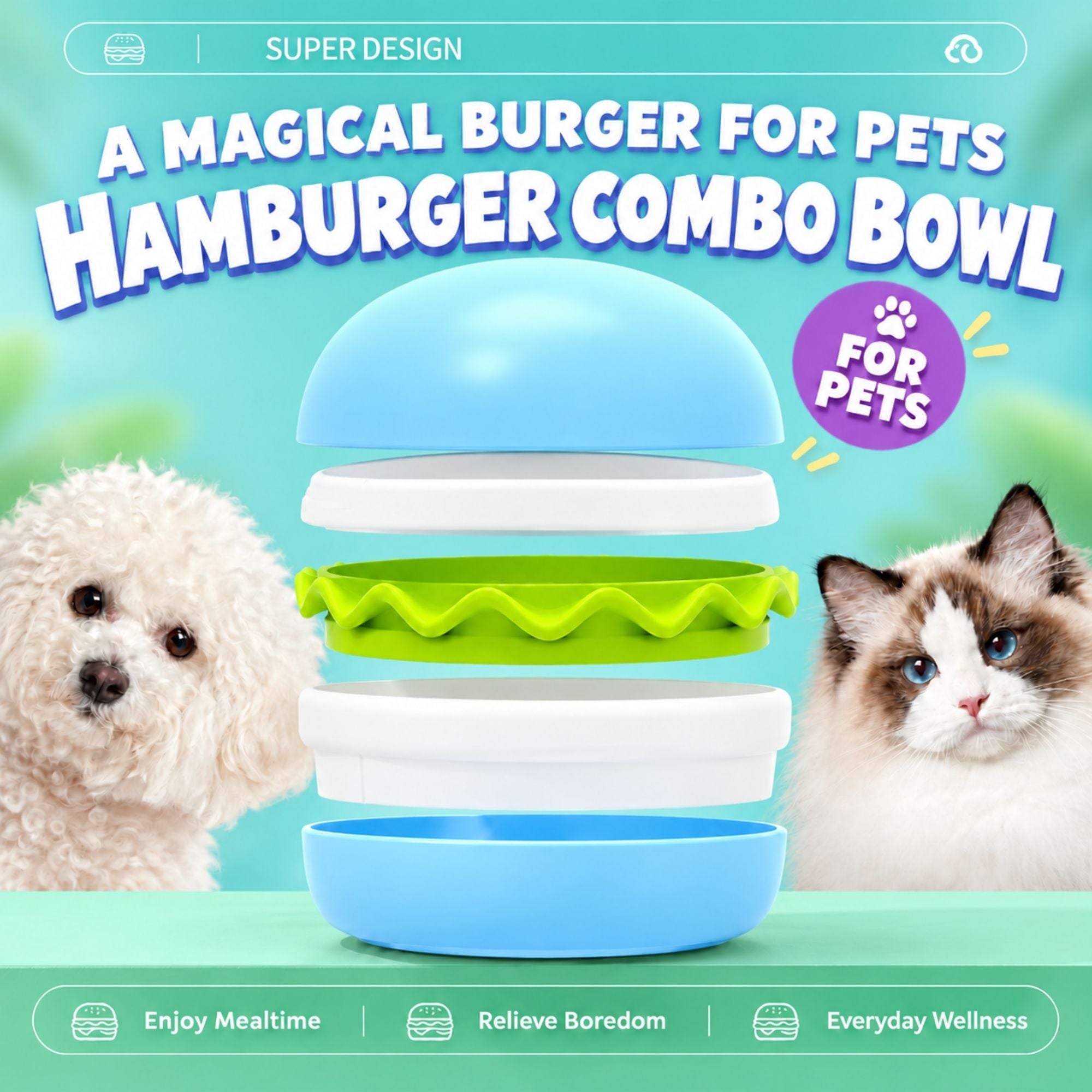 Light blue Superdesign hamburger-shaped slow feeder pet bowl by CastleUp Experience Centre