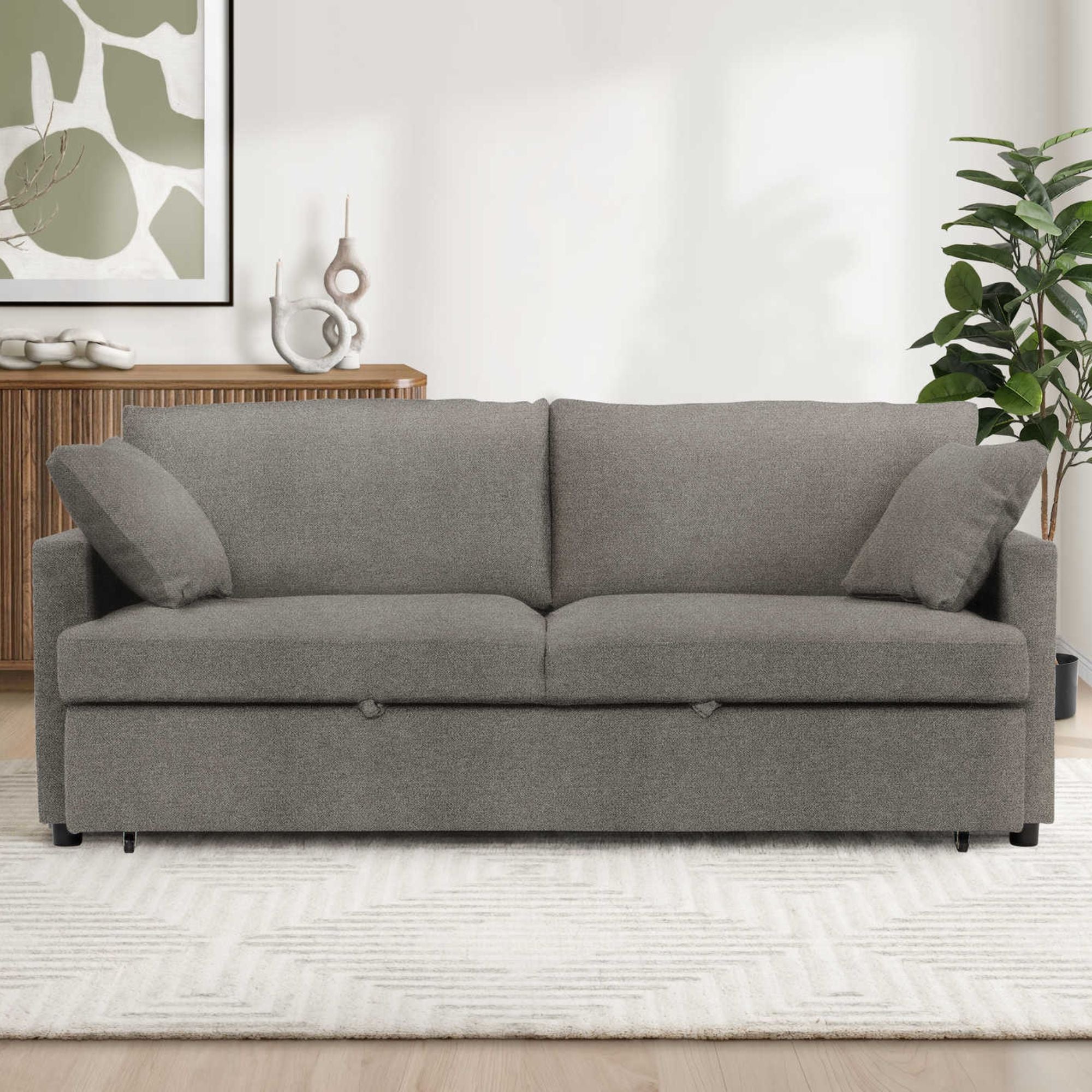 Brown Monarch Specialties sofa bed convertible sleeper with cushioned seating and folded bed in a living room setting.