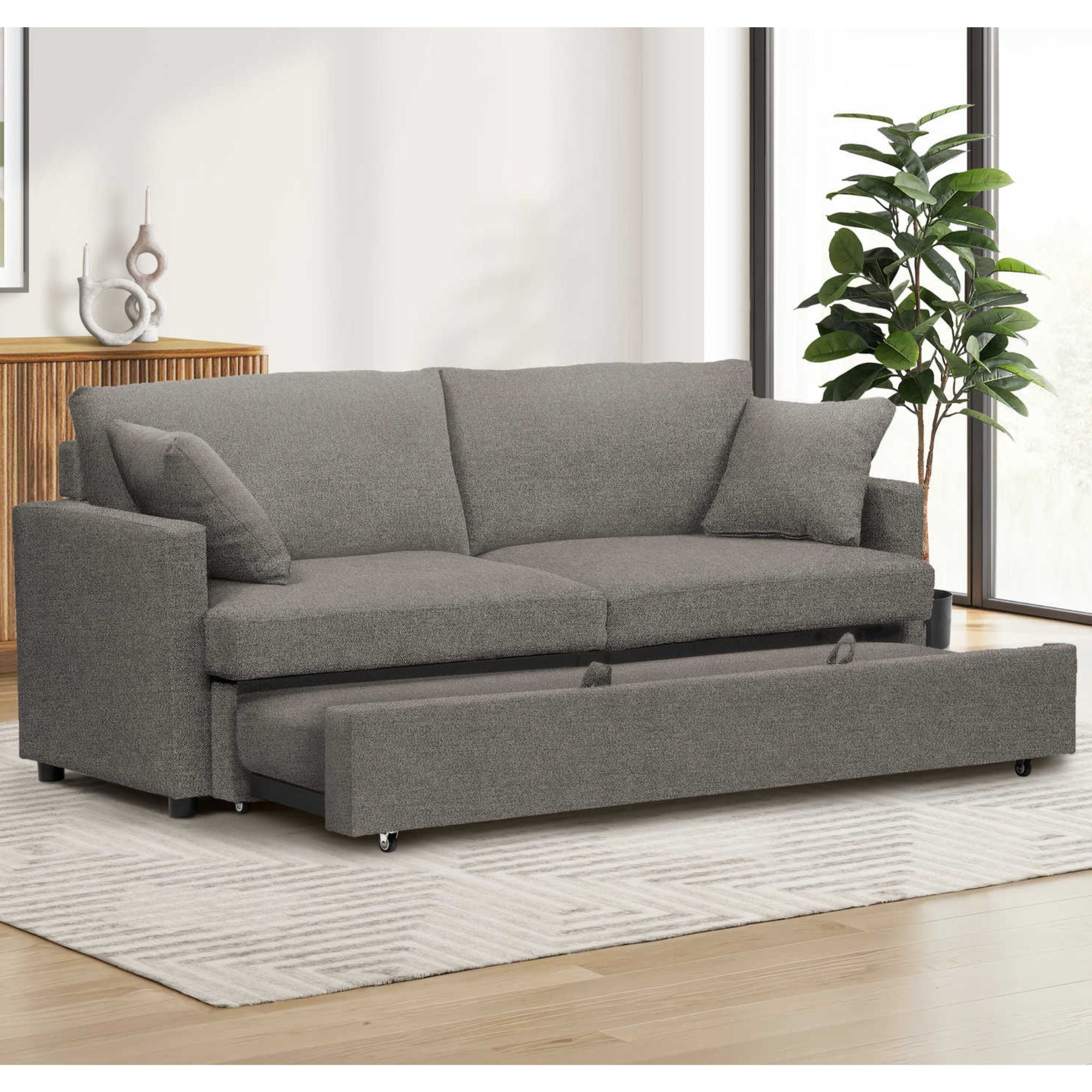 Brown Monarch Specialties sofa bed convertible sleeper with fabric upholstery and modern design, shown in unfolded sleeping position.