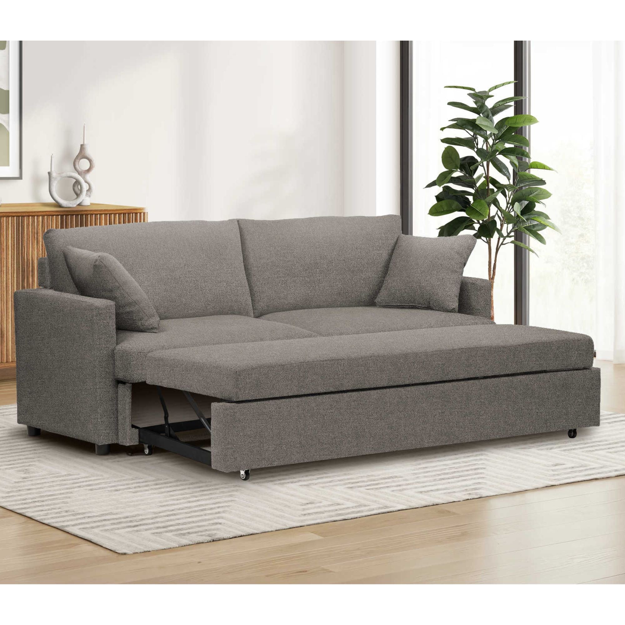 Brown Monarch Specialties sofa sleeper convertible bed with open sofa and bed in a modern living room setting.