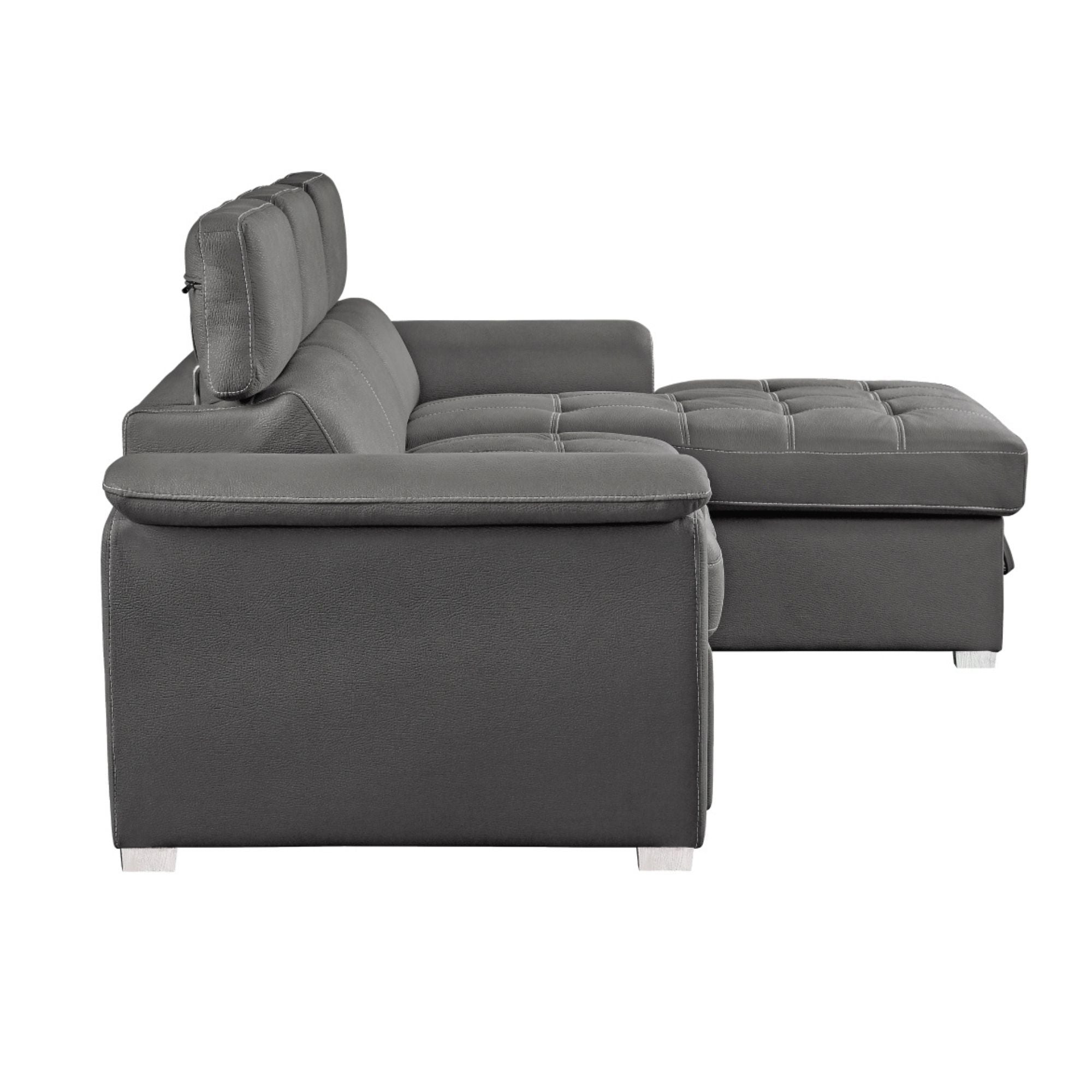 MAZ Ferriday RHF 2-piece sectional sleeper in grey, showcasing plush fabric, chaise lounge, and convertible bed feature.