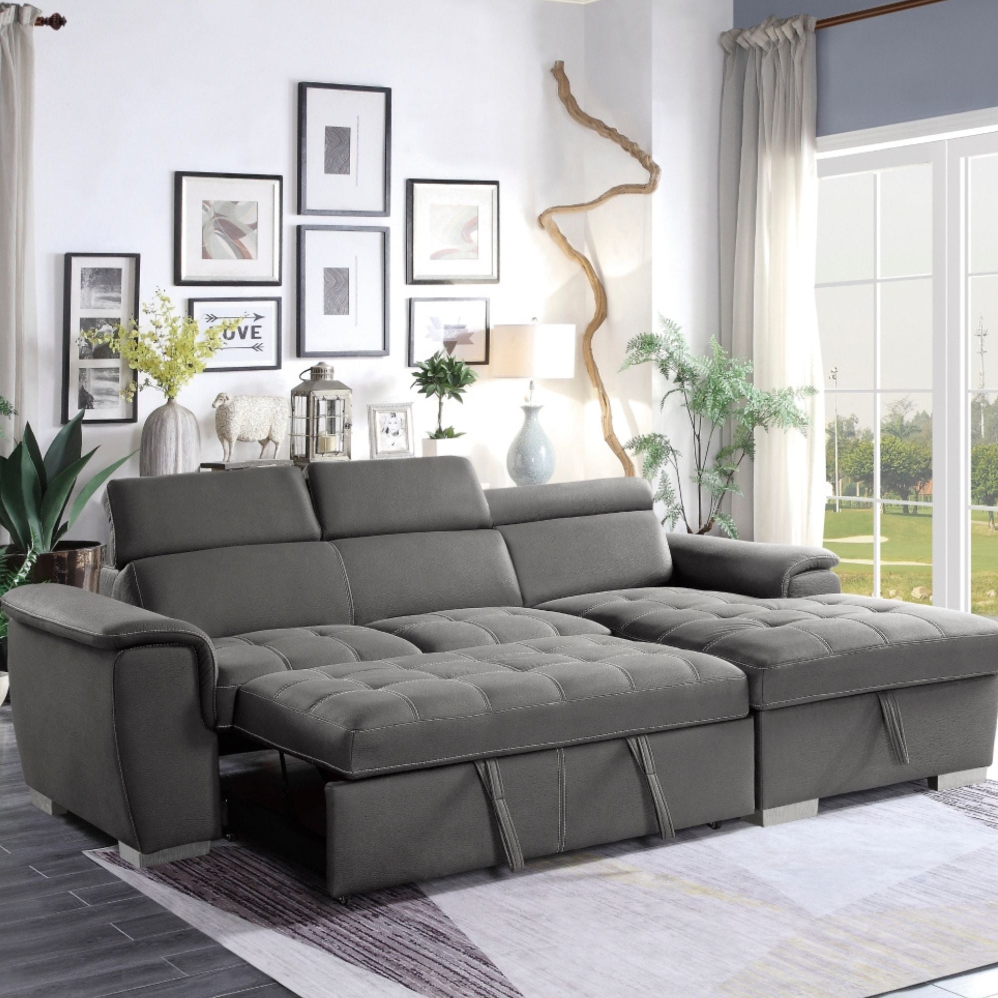MAZ Ferriday RHF 2-piece sectional sleeper sofa in grey with plush cushions and modern design, perfect for living room comfort.