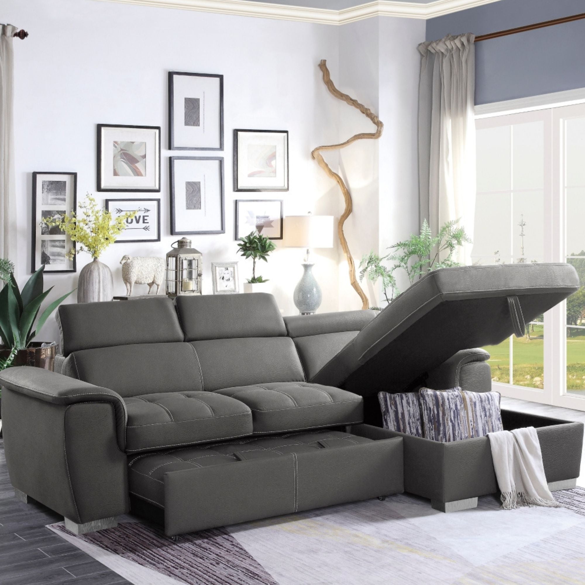 MAZ Ferriday RHF 2-piece sectional sleeper sofa in grey with plush cushions and modern design, ideal for living rooms and guest spaces.