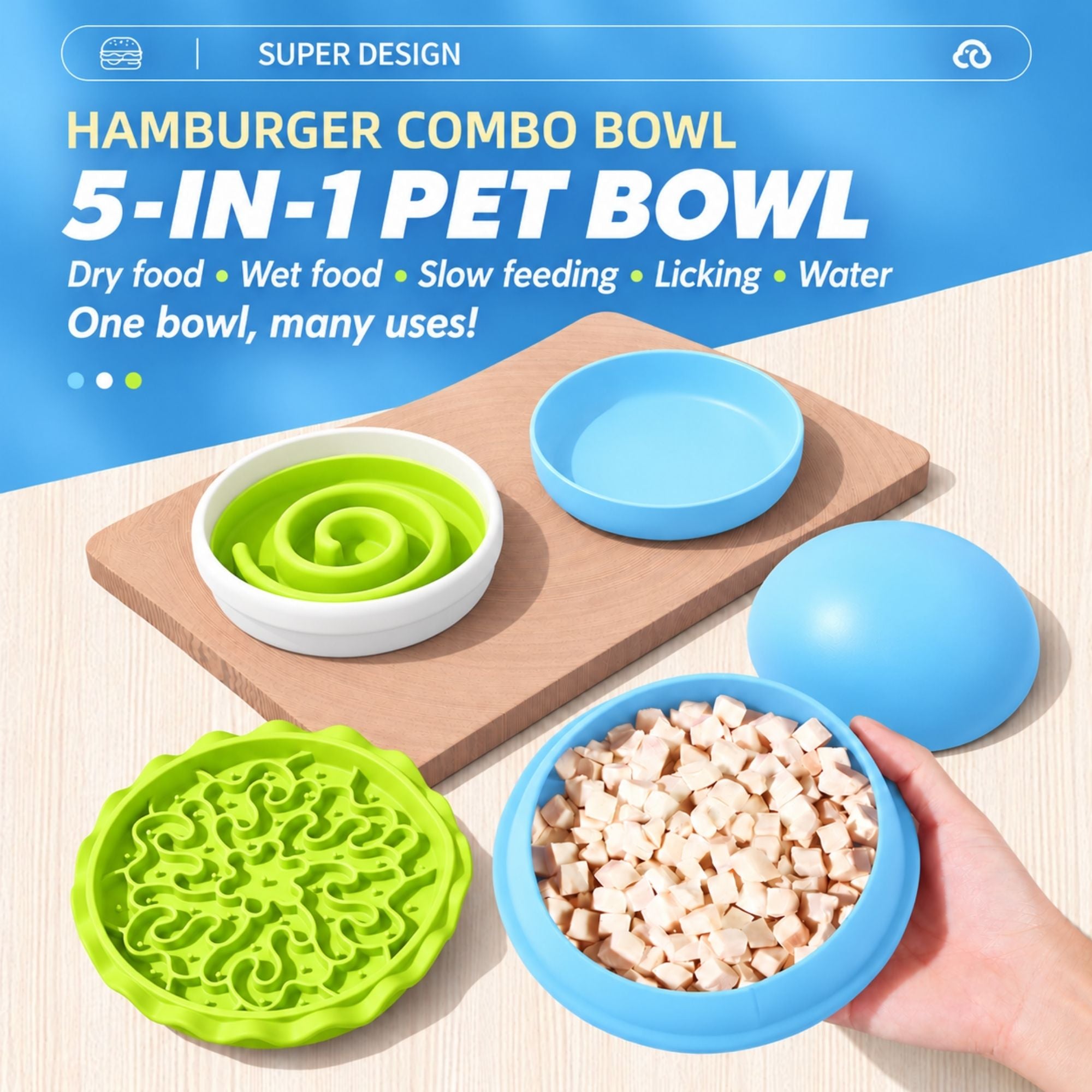 Light blue hamburger-shaped slow feeder pet bowl by CastleUp Experience Centre