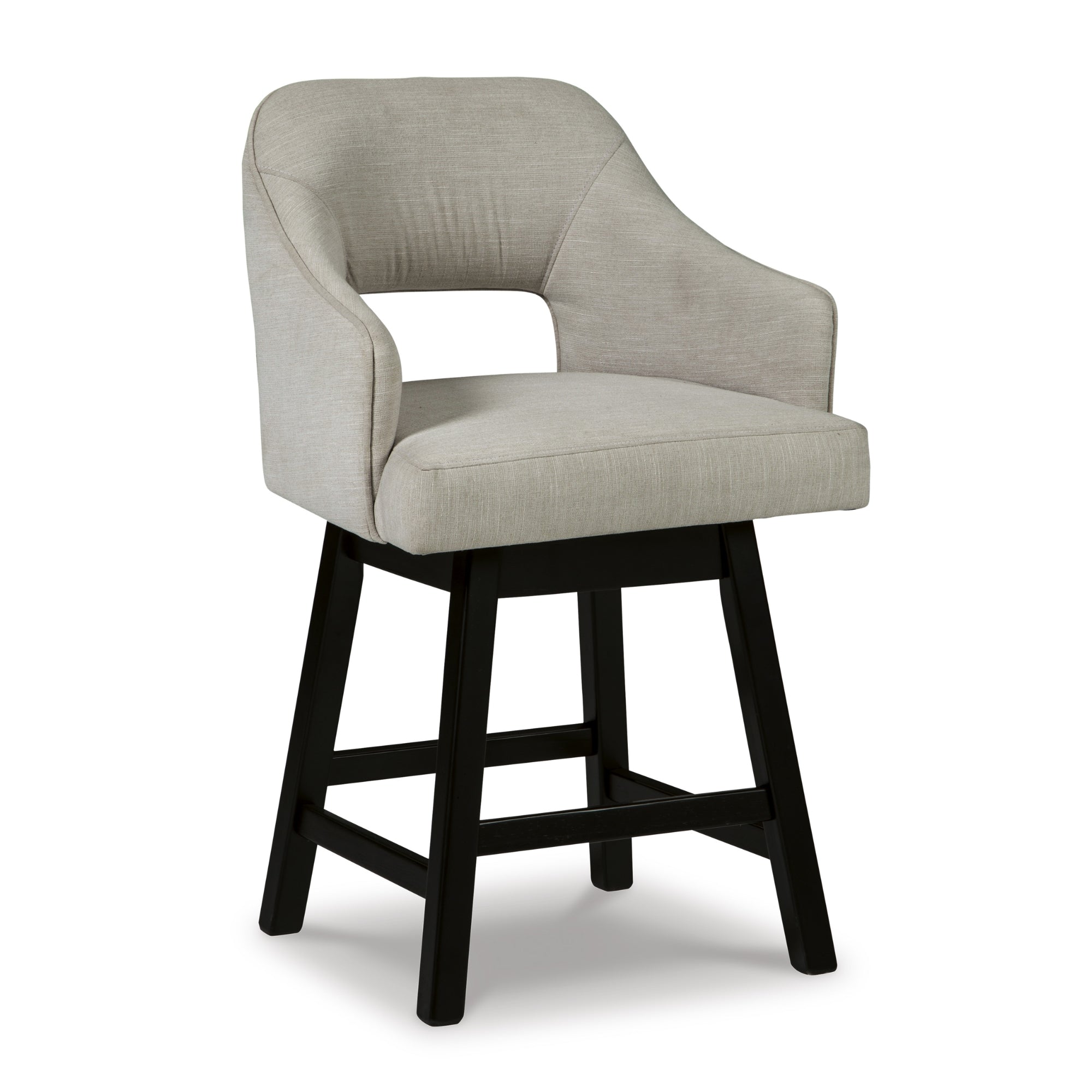 Set of two Tallenger UPH swivel barstools by Signature Ashley with linen and dark brown fabric, featuring a modern design and sturdy base.