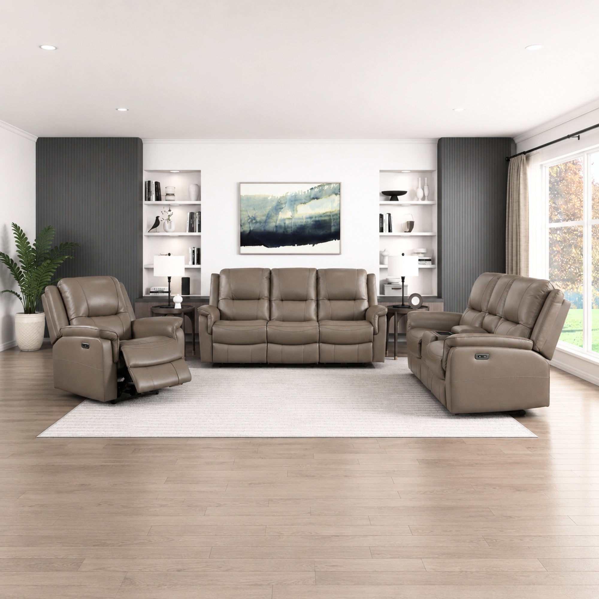 Haven Collection Power Leather Reclining Sofa Set in Taupe
