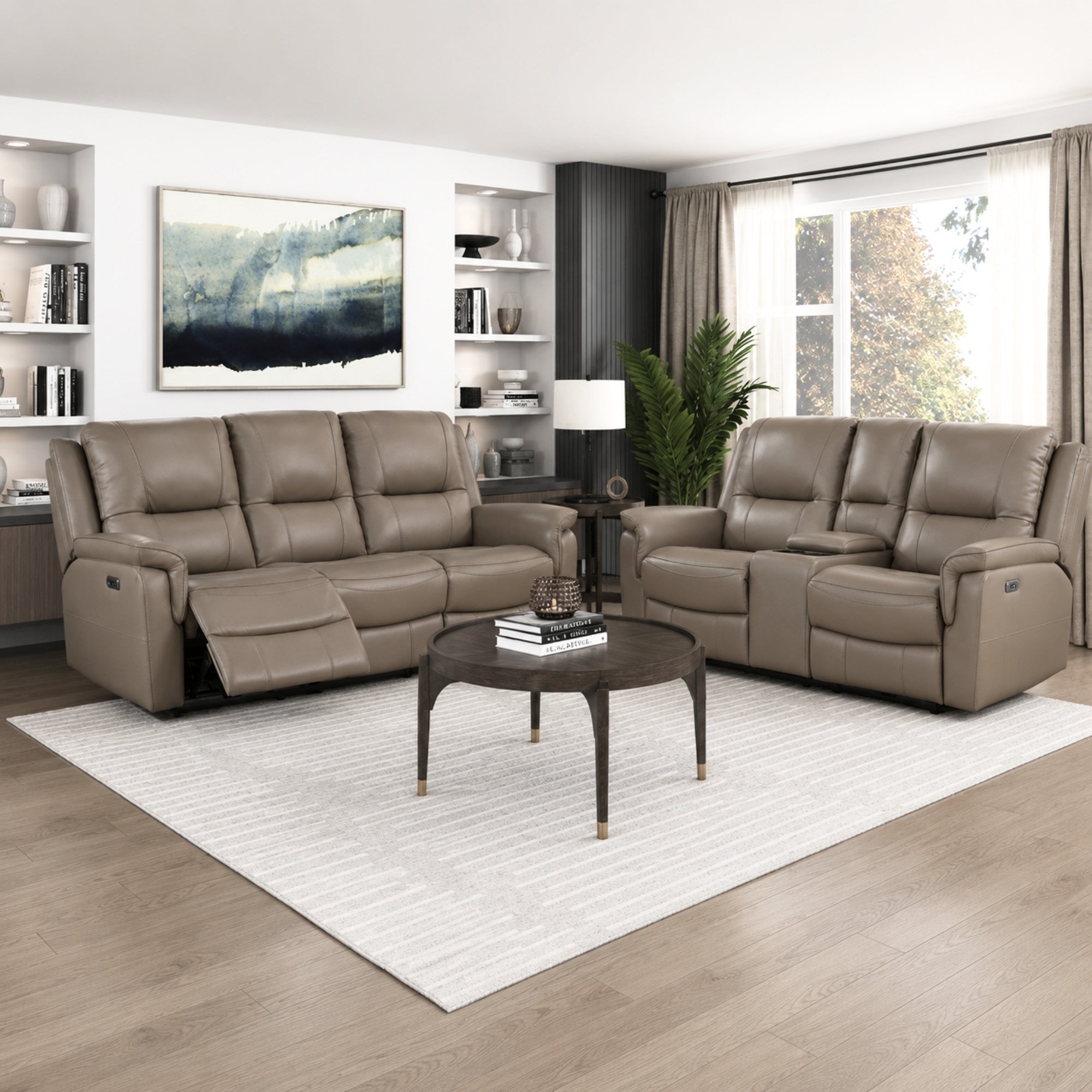 Haven Collection Power Leather Reclining Sofa Set in Taupe