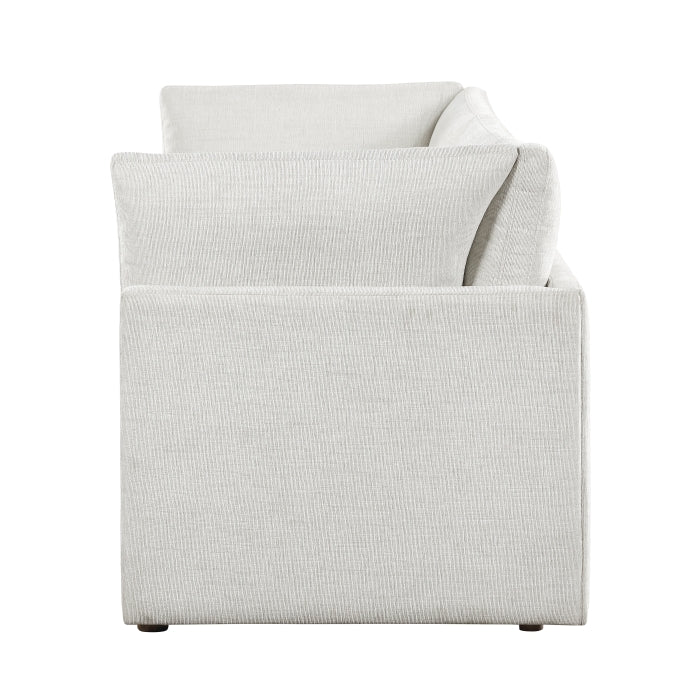 MAZ Haven 2-piece modular loveseat in beige with side view, showcasing its contemporary design and comfortable seating.