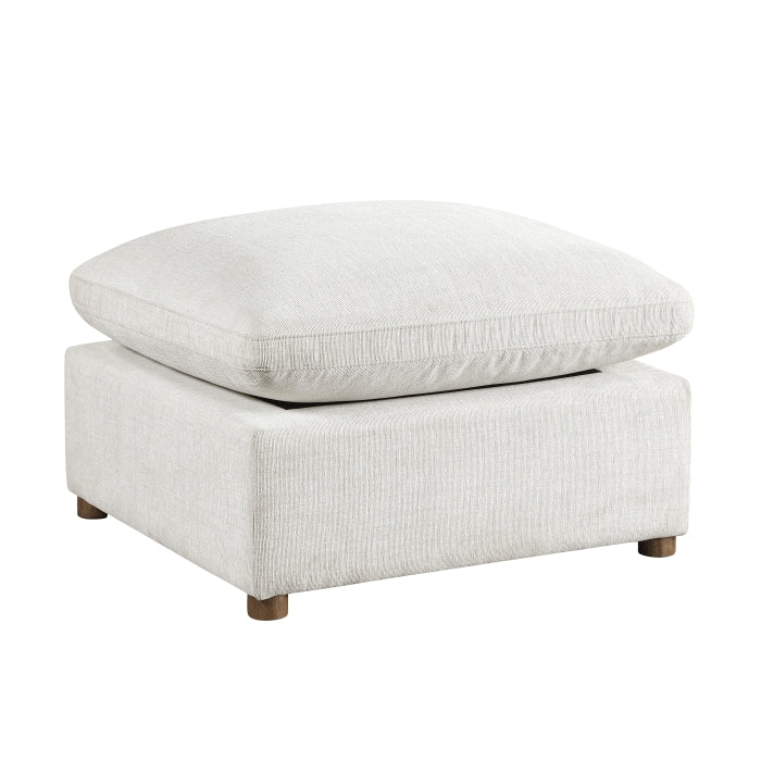 MAZ Haven 5-piece modular sectional sofa with matching ottoman, beige fabric, and modern design, shown from side view.