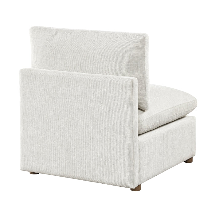 MAZ Haven 5-piece modular sectional sofa with matching ottoman, featuring beige fabric upholstery and overstuffed cushions.