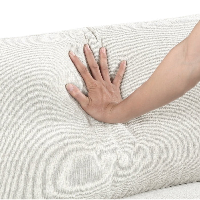 Close-up of the MAZ Haven 6-piece modular sectional sofa with two ottomans, showing beige upholstery and detailed stitching.