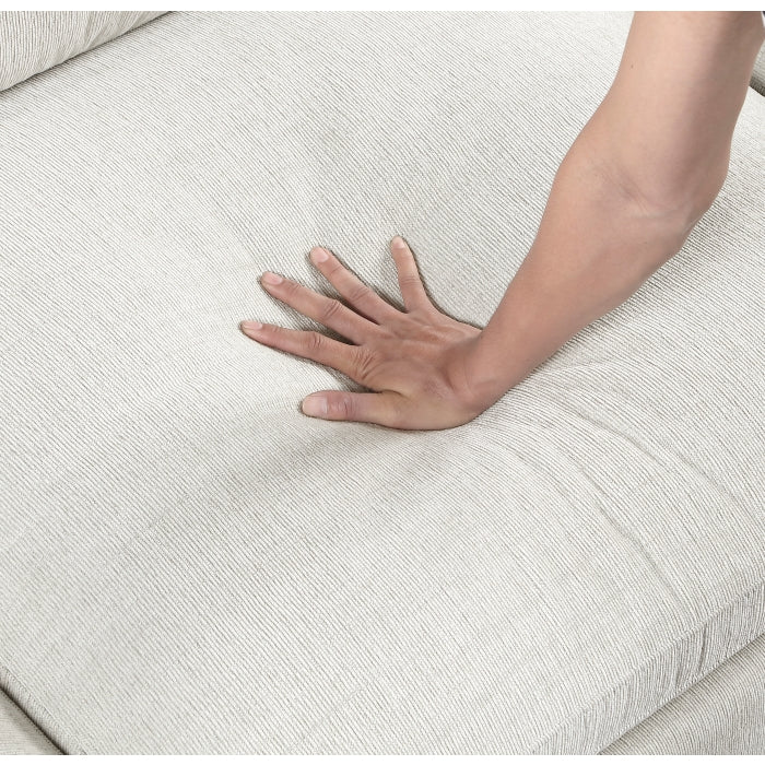 MAZ Haven 5-piece modular sectional sofa with ottoman, featuring beige fabric and detailed close-up of cushions and upholstery.