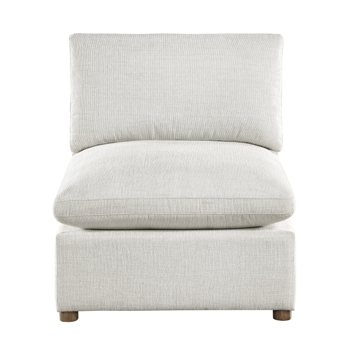 MAZ Haven 5-piece modular sectional sofa with ottoman, shown in front view with beige upholstery and clean lines.