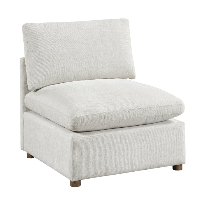 MAZ Haven 5-piece modular sectional sofa with ottoman, showing beige fabric upholstery and modern design, side view.