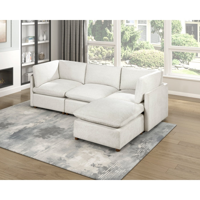 MAZ Haven 4-piece modular sectional sofa with beige and cream fabric, featuring plush cushions and modern design.