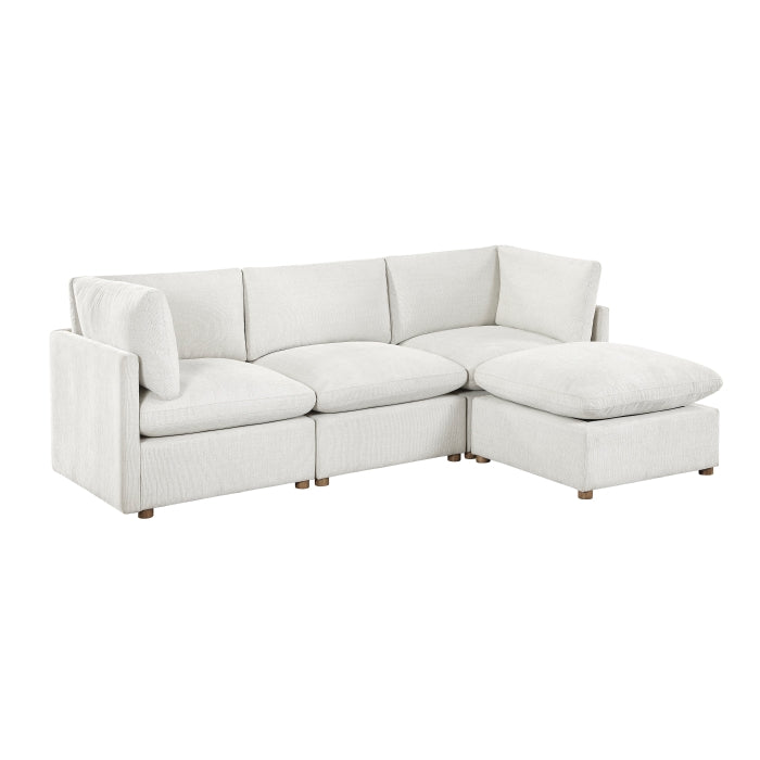 MAZ Haven 4-piece modular sectional sofa with beige and cream cushions, shown from the side against a plain background.
