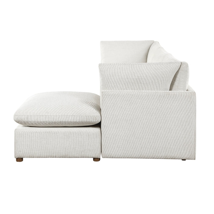 MAZ Haven 4-piece modular sectional sofa with beige fabric upholstery and black metal legs, shown from side angle.