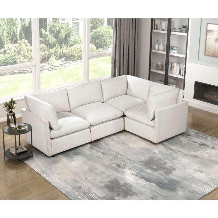 MAZ Haven 4-piece modular sectional sofa with beige and cream cushions, showcasing its spacious, contemporary design and fabric upholstery.