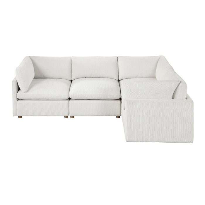 MAZ Haven 4-piece modular sectional sofa with beige fabric and chaise lounge, shown from side view with no background.