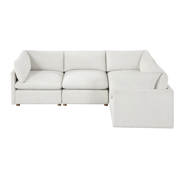 MAZ Haven 4-piece modular sectional sofa with beige fabric and chaise lounge, shown from side view with no background.