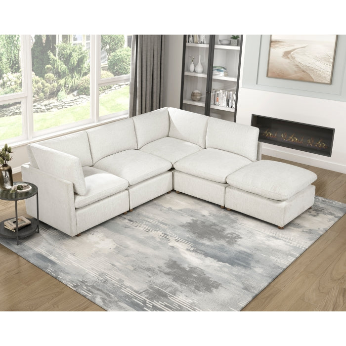 MAZ Haven 5-piece modular sectional sofa with matching ottoman, featuring plush cushions and modern design in a neutral fabric.
