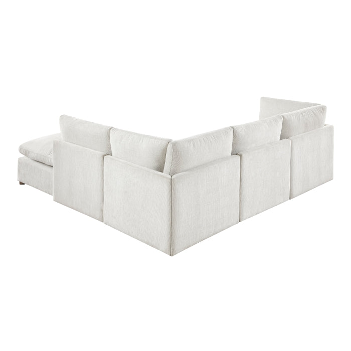 MAZ Haven 5-piece modular sectional sofa with matching ottoman, showing beige fabric upholstery and back view with clean lines.