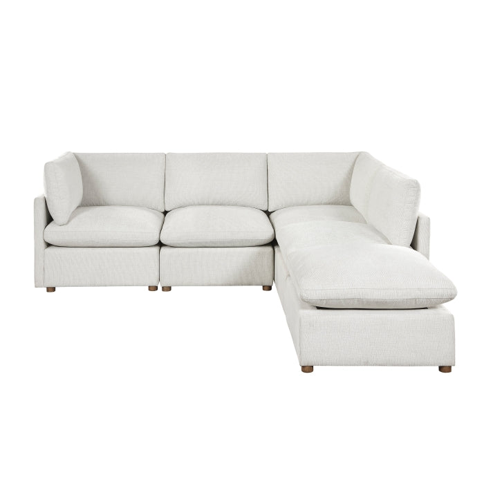 MAZ Haven 5-piece sectional sofa with matching ottoman, beige fabric, and modern design, shown from side view with no background.