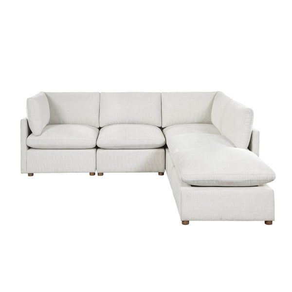 MAZ Haven 5-piece sectional sofa with matching ottoman, beige fabric, and modern design, shown from side view with no background.