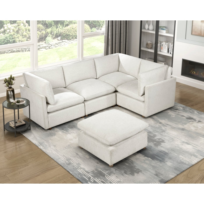 MAZ Haven 5-piece modular sectional sofa with ottoman, featuring beige upholstery and plush cushions for comfortable seating.